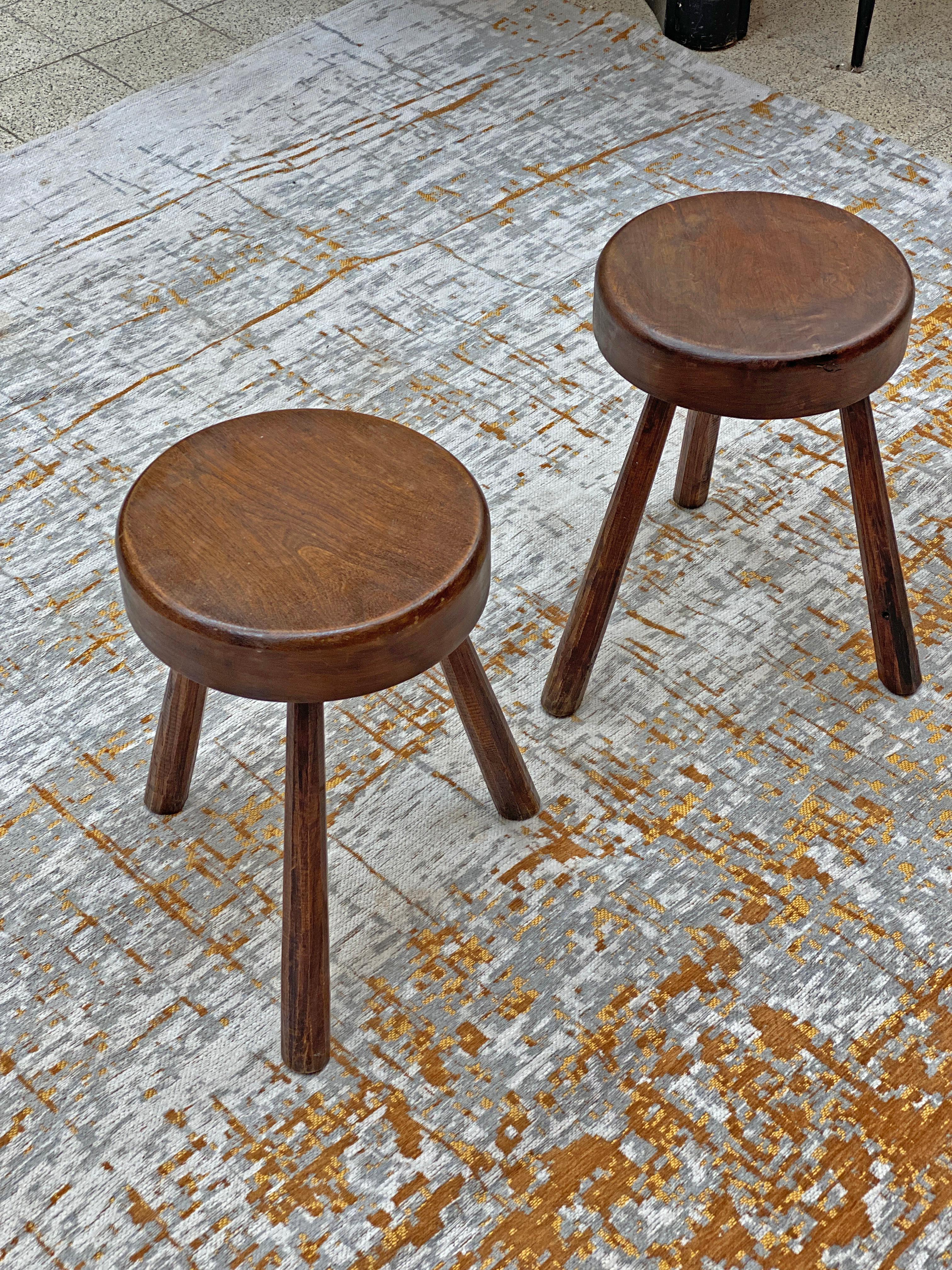 Two Brutalist Oak Stools, circa 1950 In Good Condition In Saint-Ouen, FR