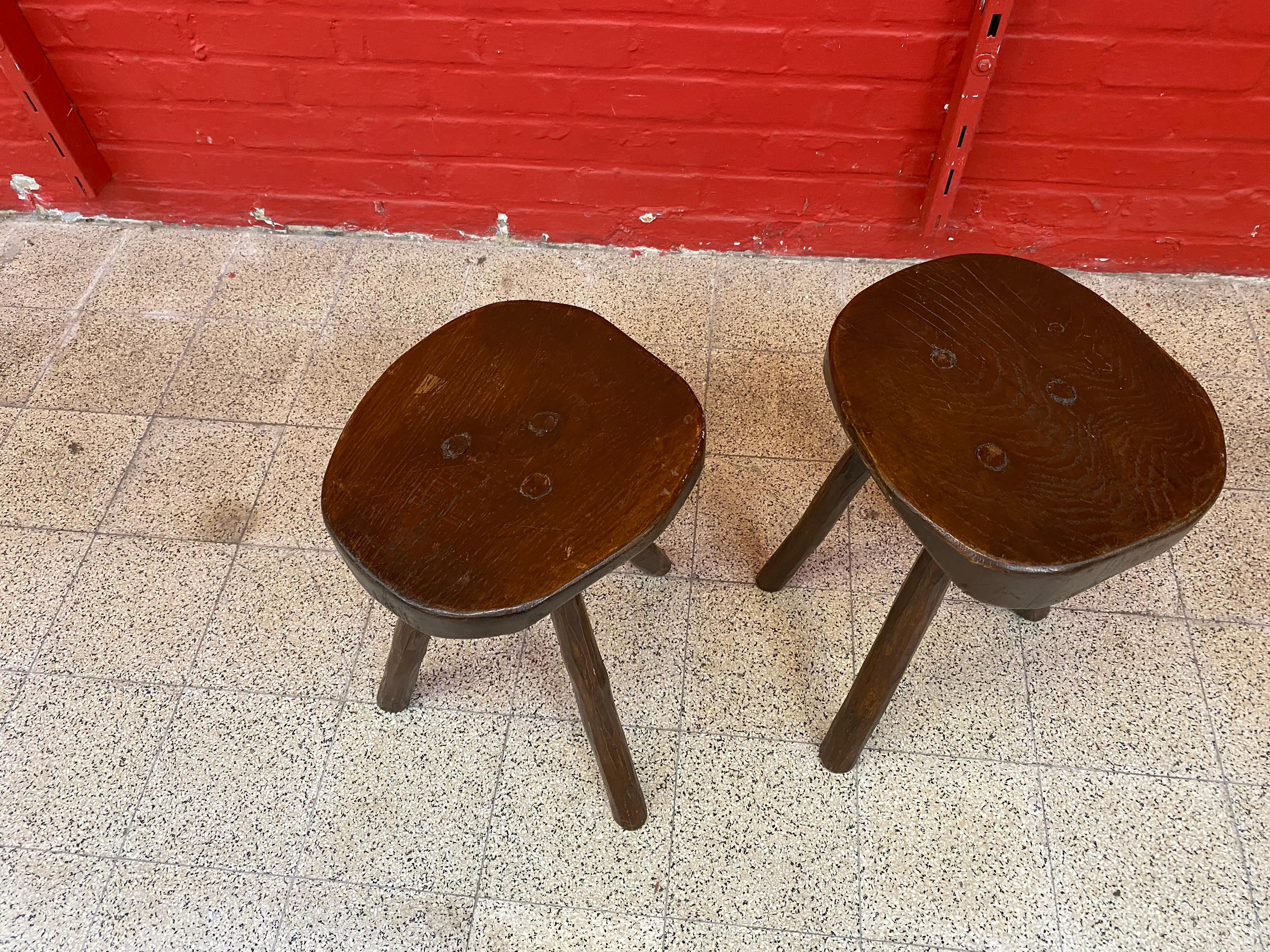 French Two Brutalist Oak Stools, circa 1950 For Sale