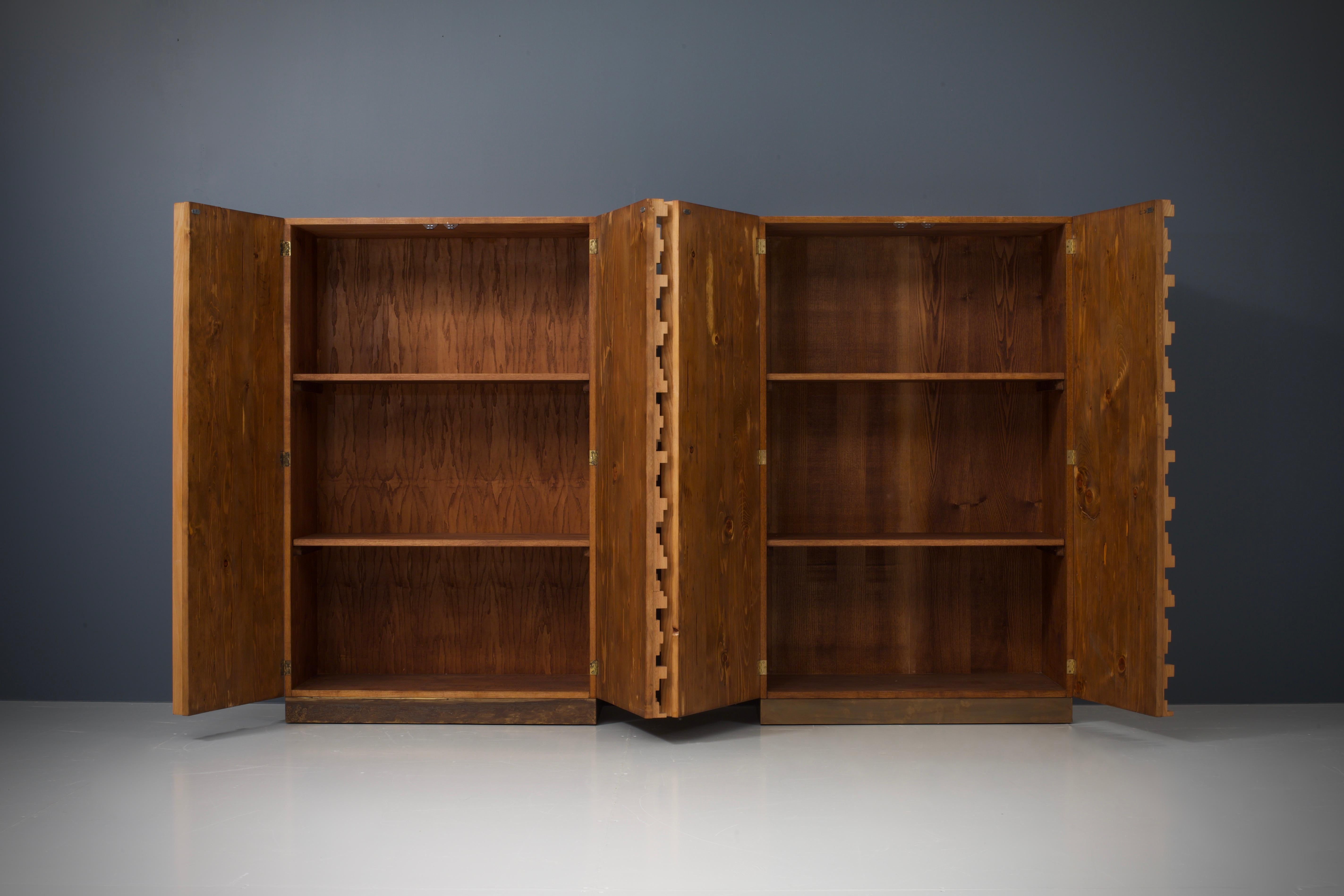 Brutalist Two Cabinets by Stefano d’Amico in Beech and Brass, Signed and Dated, 1974 For Sale