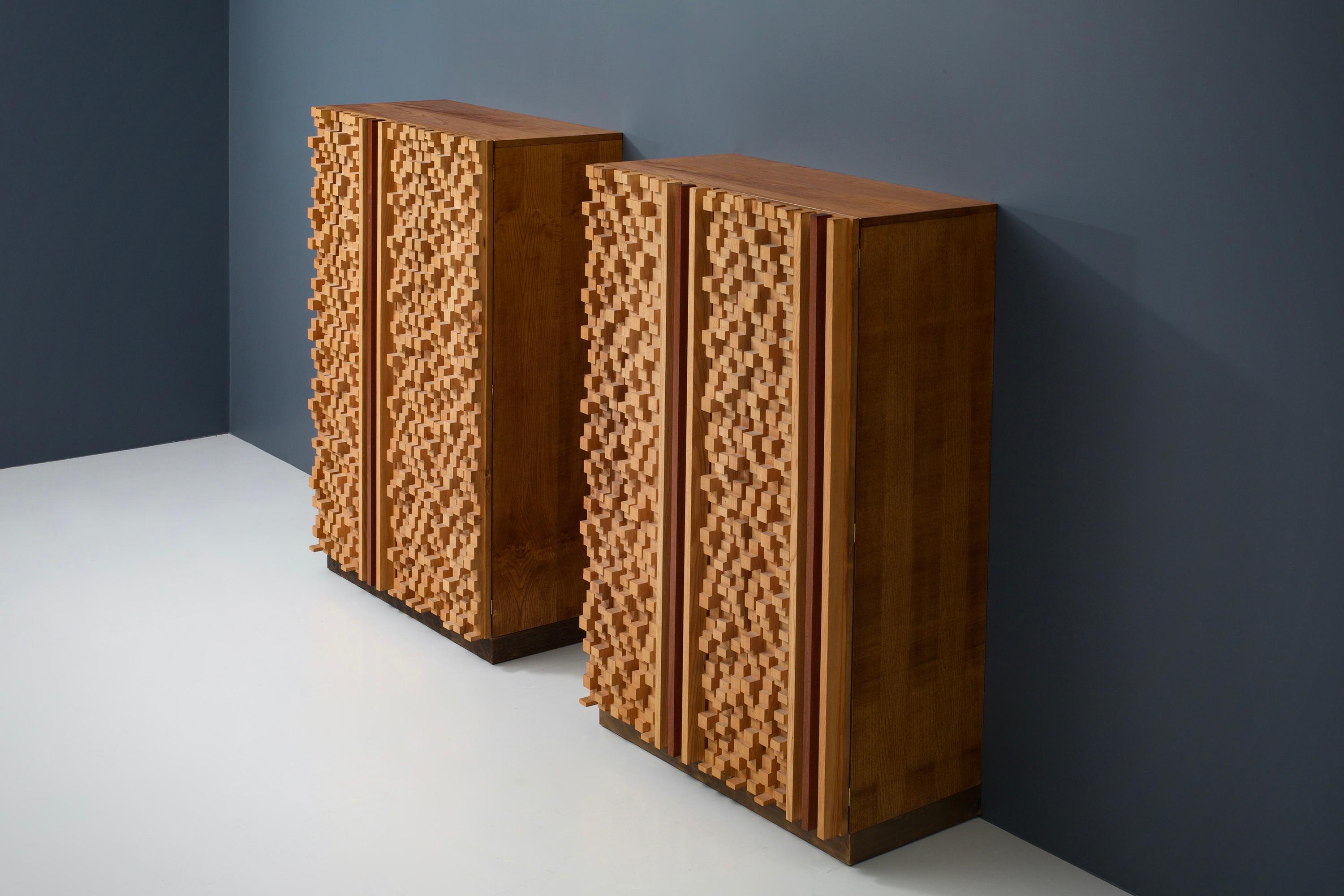 Italian Two Cabinets by Stefano d’Amico in Beech and Brass, Signed and Dated, 1974 For Sale