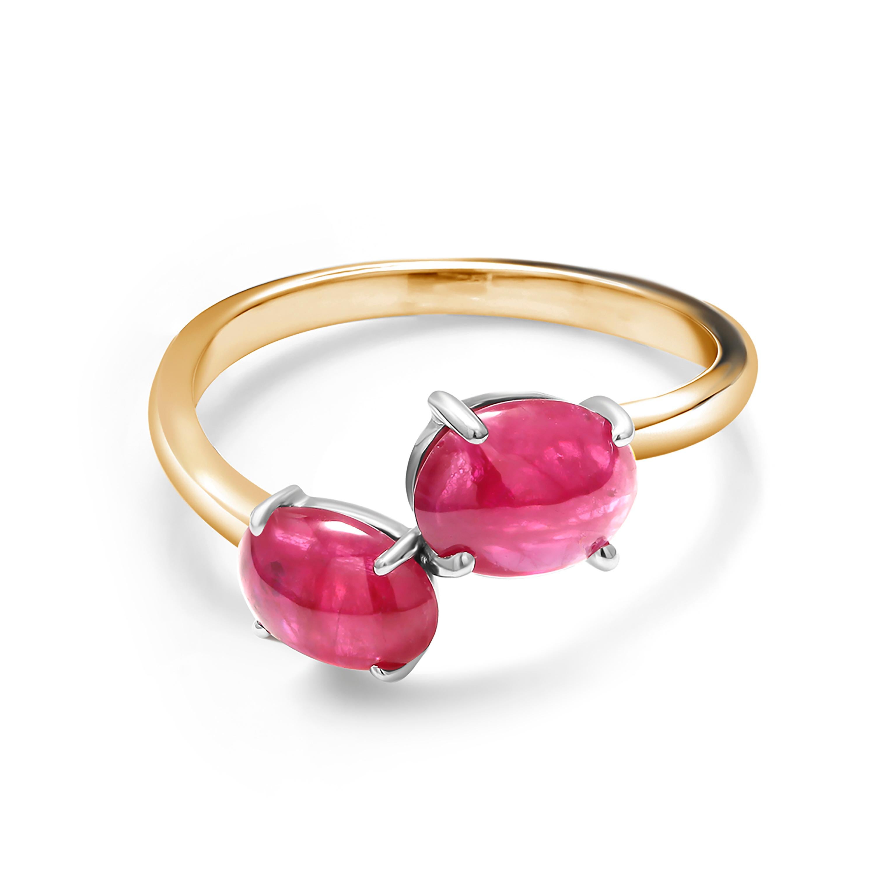 Contemporary Two Cabochon Burma Rubies Facing Gold Cocktail Ring Weighing 3.90 Carats