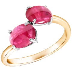 Two Cabochon Burma Rubies Facing Gold Cocktail Ring Weighing 3.90 Carats