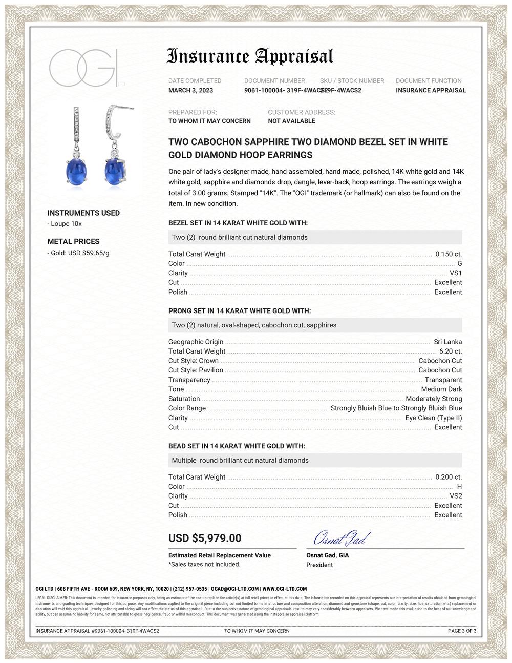 These exquisite hoop earrings are crafted in fourteen karats white gold, showcasing a timeless and elegant design. The focal points of these earrings are the two cushion-oval-shaped cabochon sapphires, each weighing 6.20 carats. These vibrant