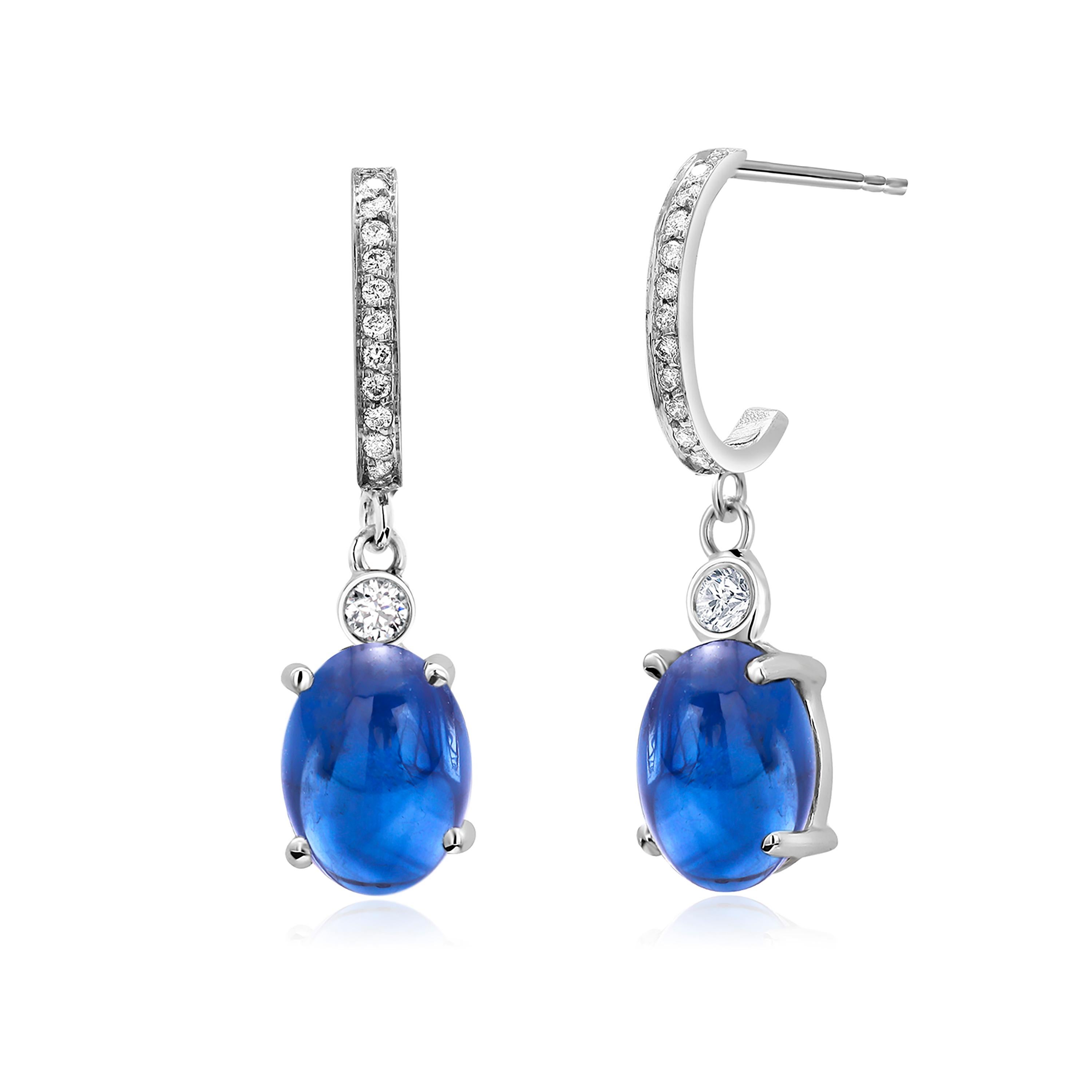 Ceylon Cabochon Sapphire Diamond 6.55 Carat White Gold 1.25 Inch Hoop Earrings In New Condition In New York, NY