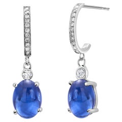 Ceylon Cabochon Sapphire Diamond 6.55 Carat White Gold 1.25 Inch Hoop Earrings