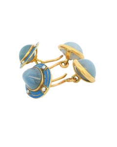 Two Cabochon Star sapphire & Chalcedonies 14K Yellow Gold Cufflinks