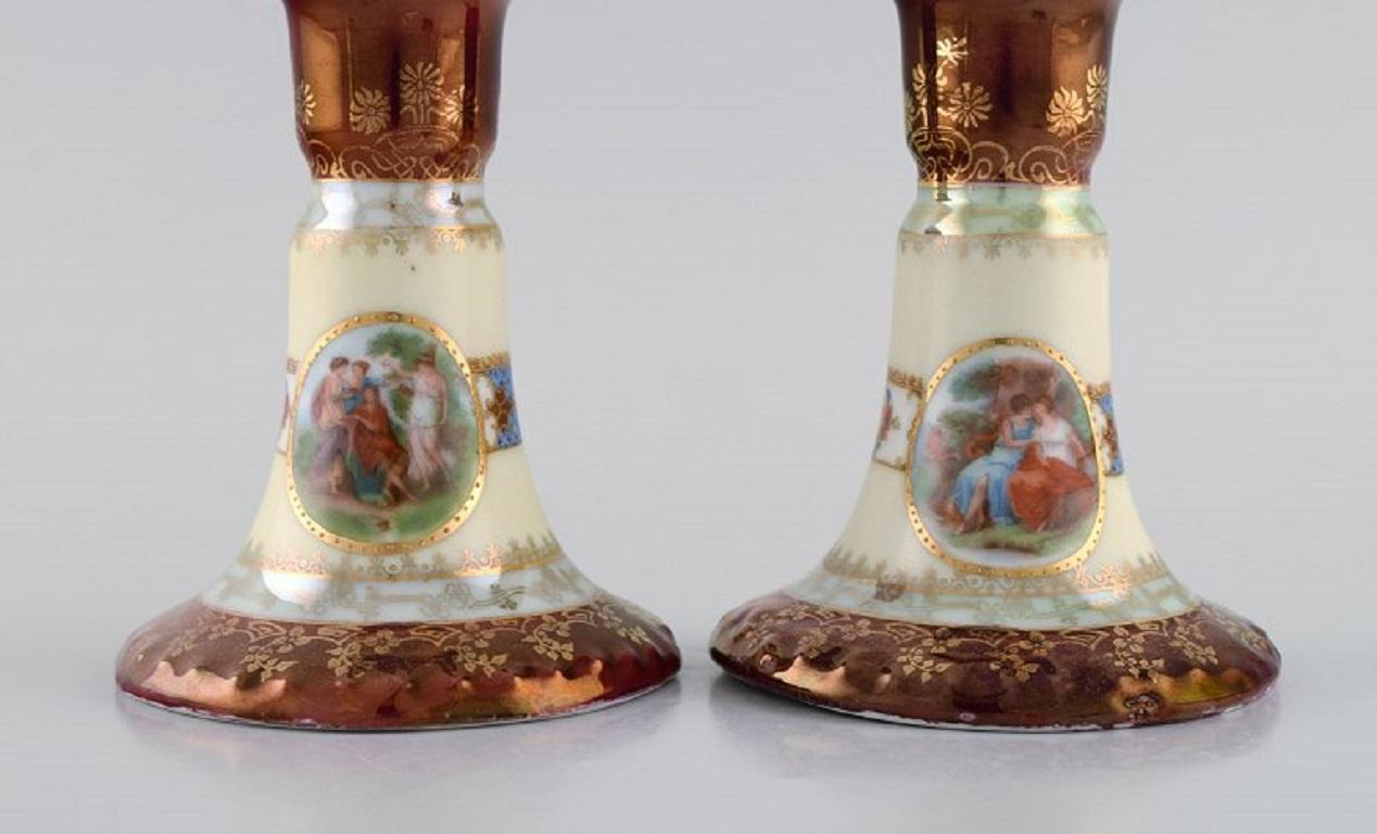Austrian Two Candlesticks and Ink Dryer in Hand-Painted Porcelain, Vienna, Early 20th C For Sale
