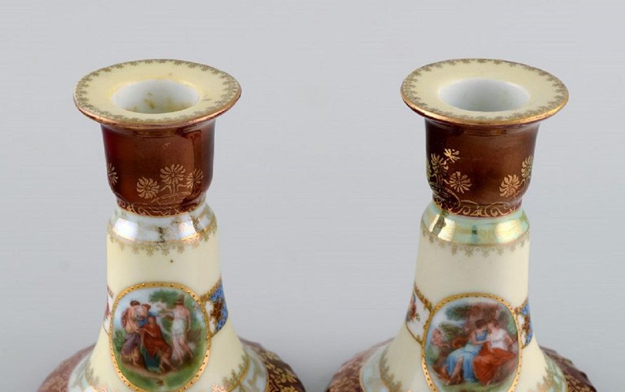 Two Candlesticks and Ink Dryer in Hand-Painted Porcelain, Vienna, Early 20th C In Excellent Condition For Sale In Copenhagen, DK