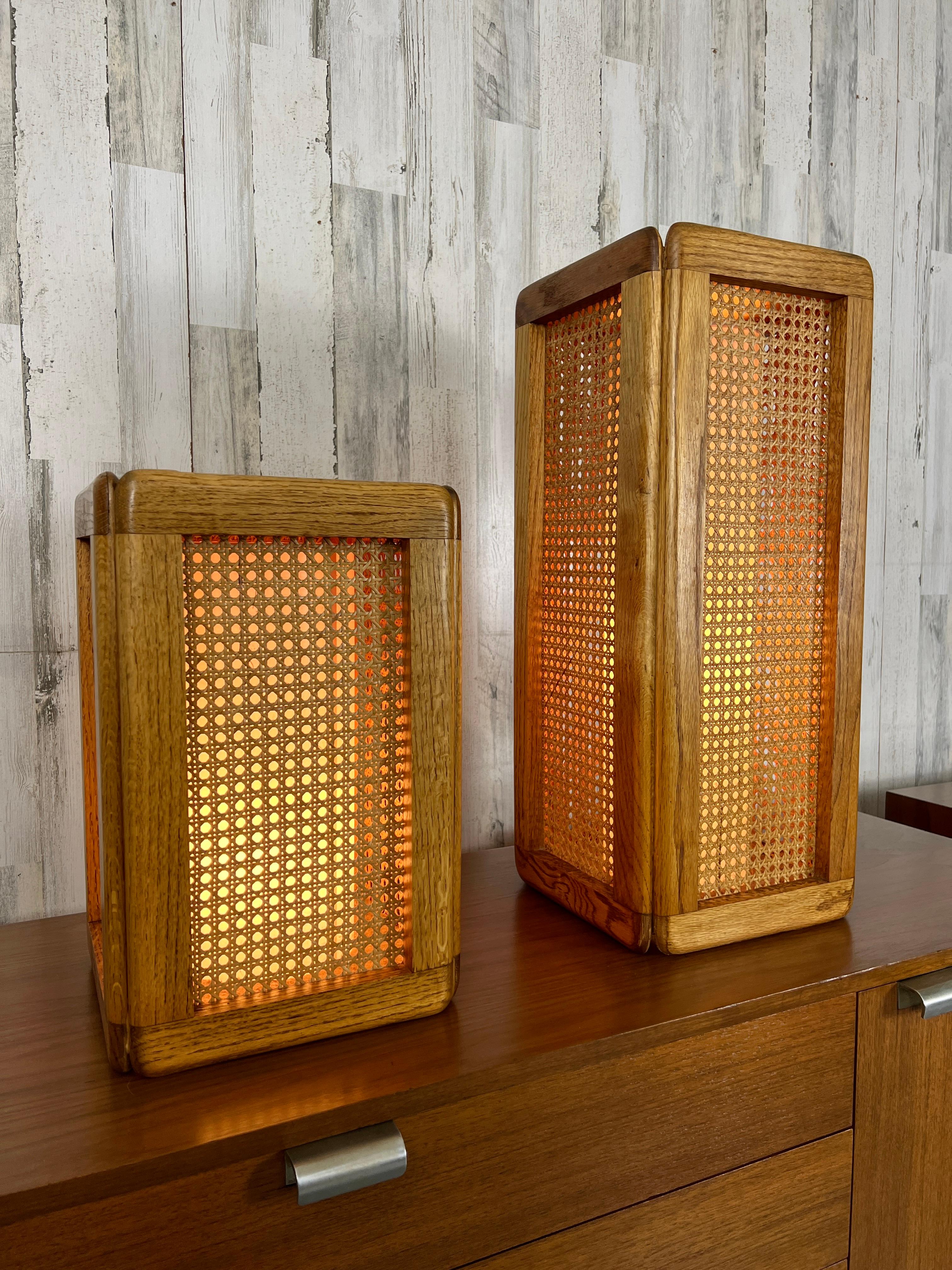 Mid-Century Modern Two Cane and Oak Lamps by Modeline 