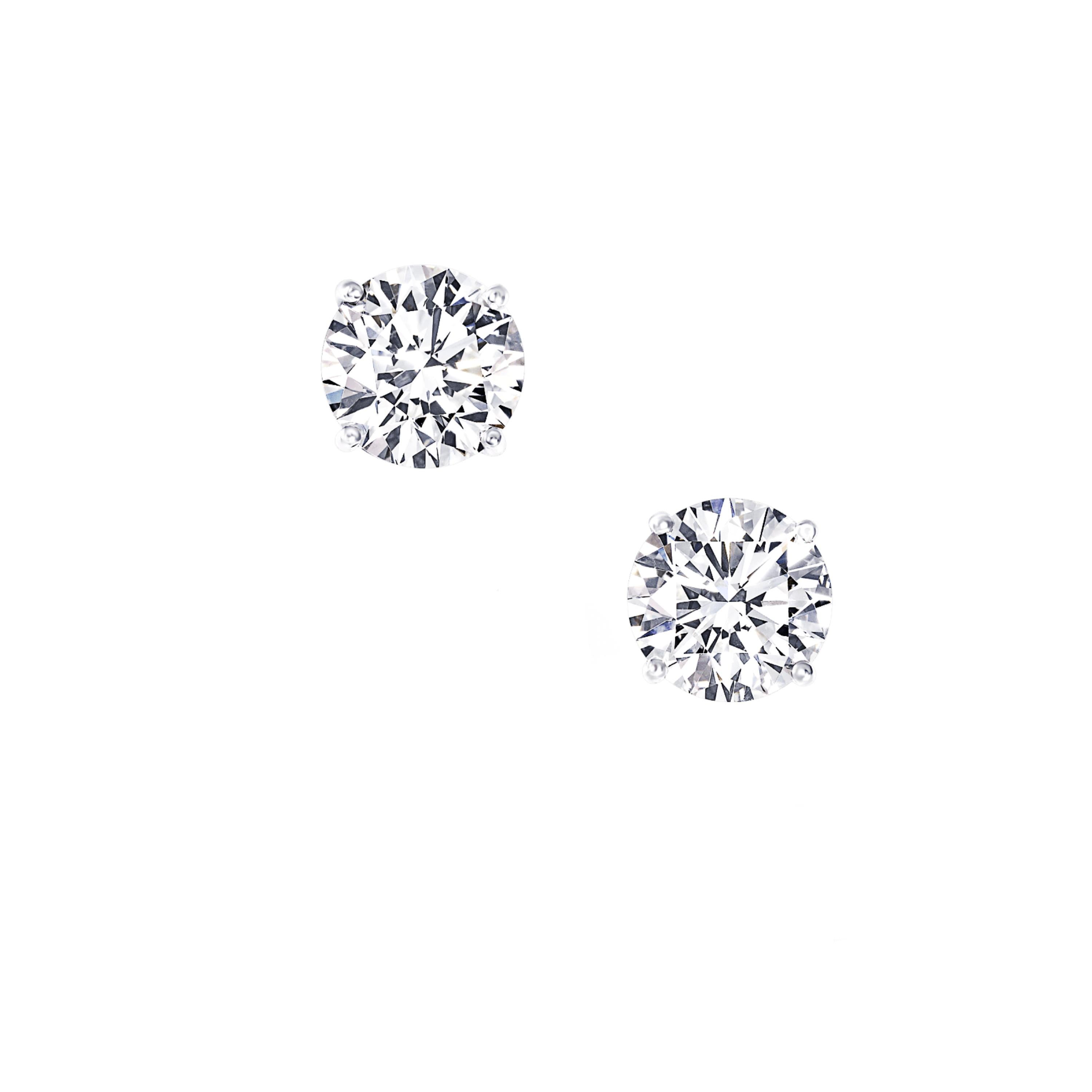 Round Cut Two Carat Each NEW Diamond Ear Studs Triple Excellent GIA H VS in Platinum