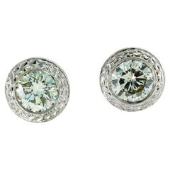 Vintage Two Carats Total Weight Diamond Platinum Stud Earrings