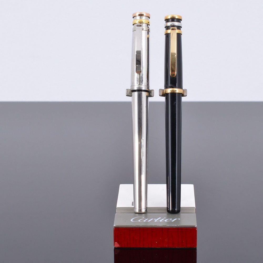 Two Cartier France Ballpoint Blue Ink Pens and Cartier 3.75 Inch Stand   For Sale 2