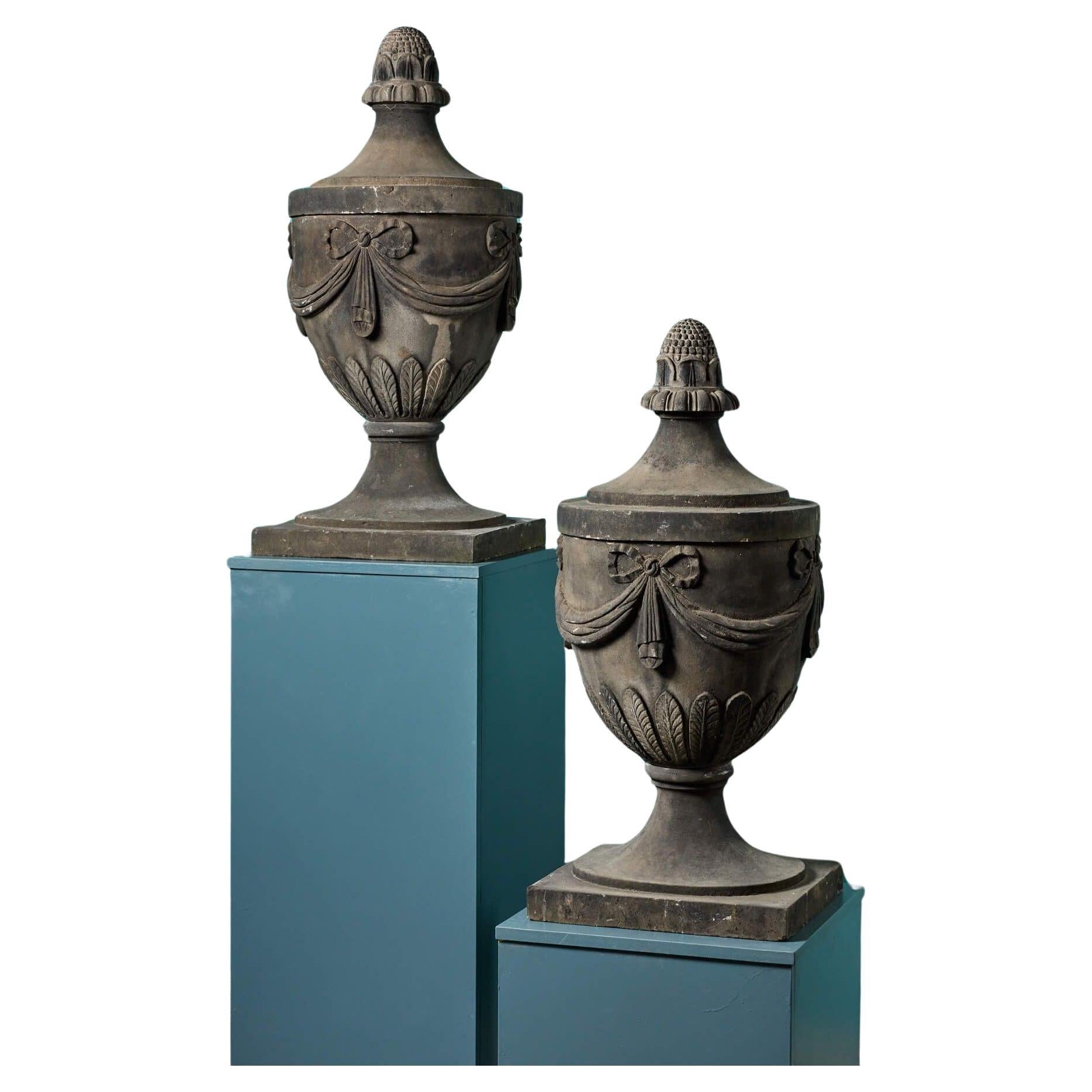 Two Carved Antique Adam Style Sandstone Garden Urns For Sale