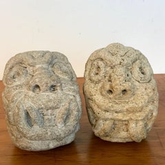 Two Carved Mayan Deity Limestone Architectural Carvings or Elements