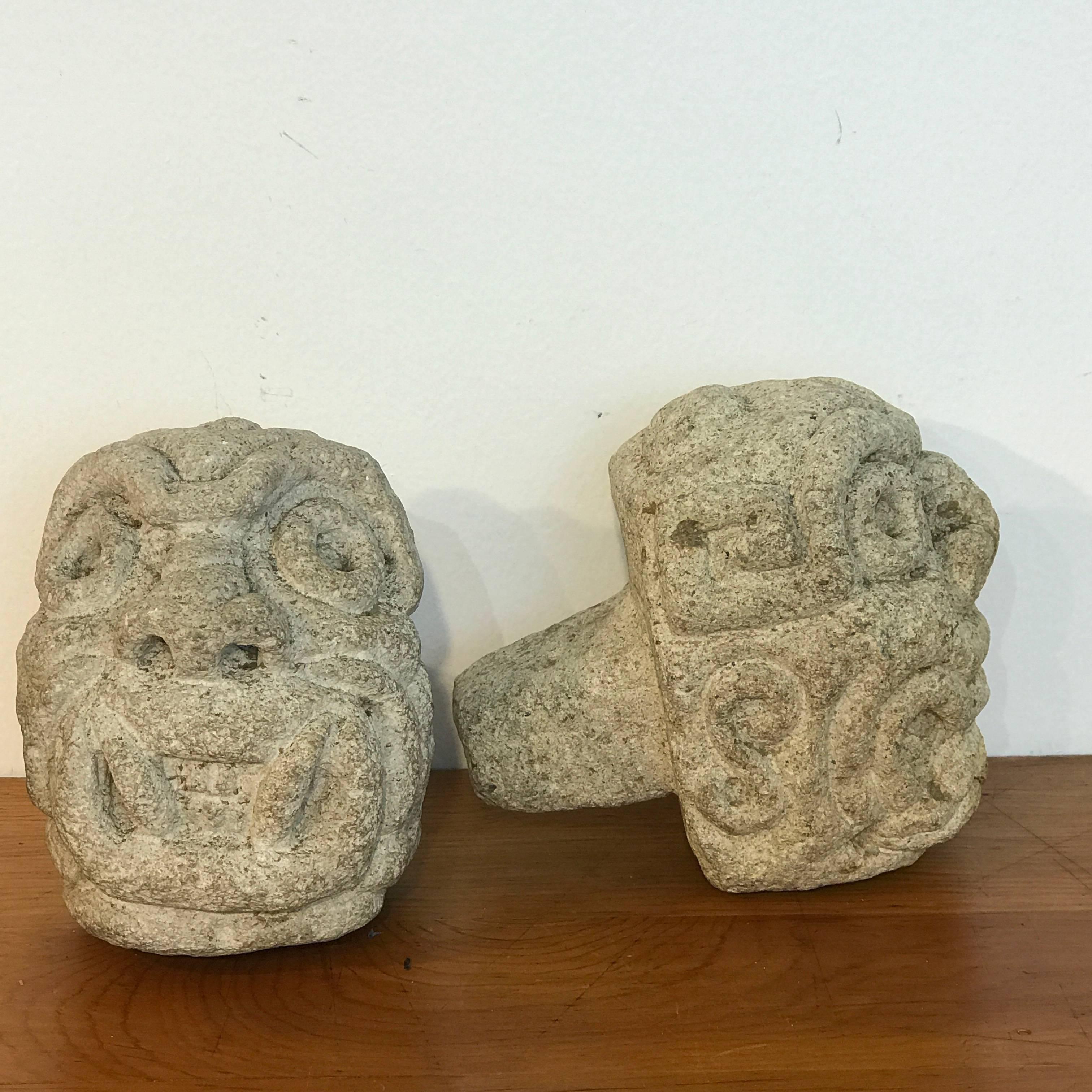 Pre-Columbian Two Carved Mayan Deity Limestone Architectural Carvings or Elements For Sale