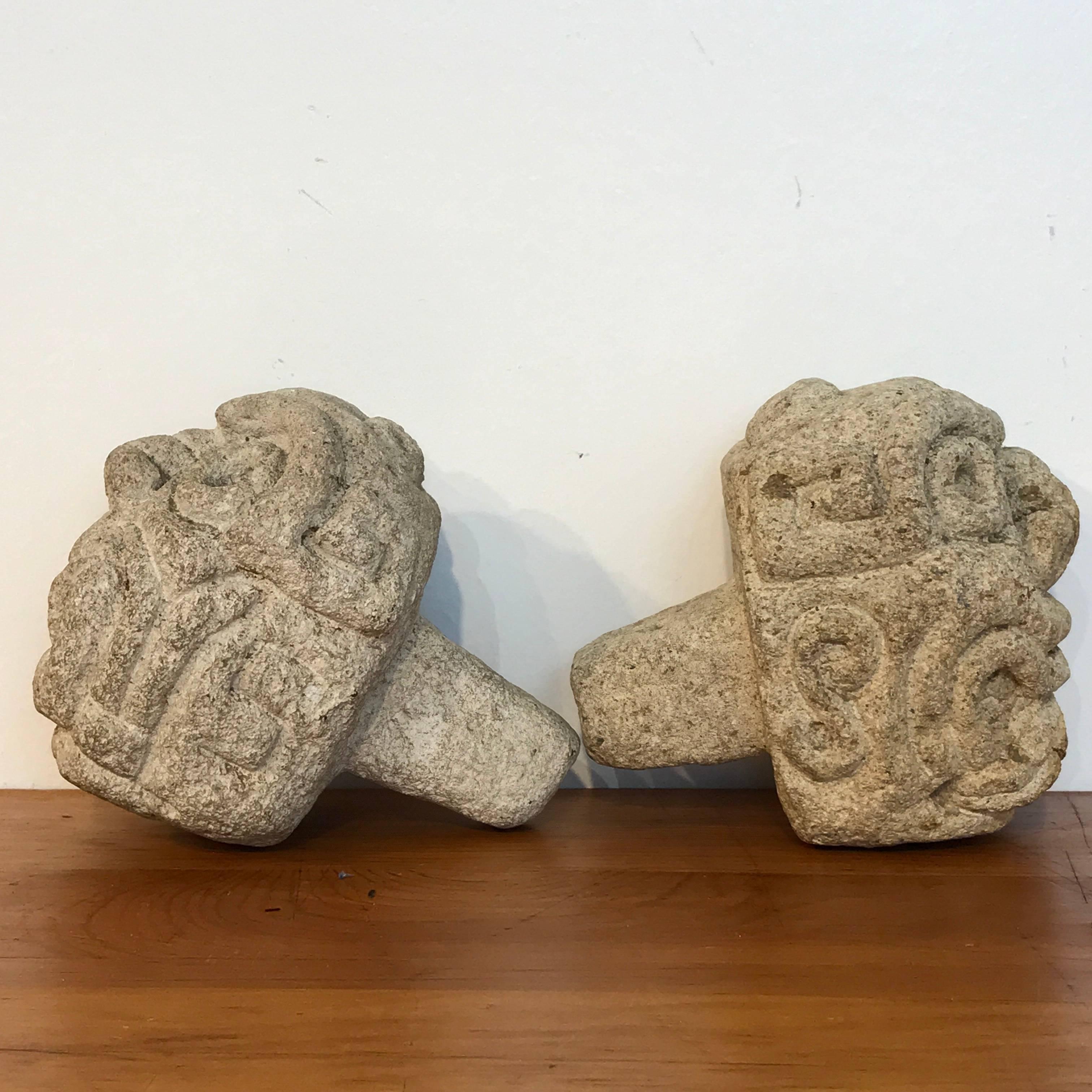 Central American Two Carved Mayan Deity Limestone Architectural Carvings or Elements For Sale