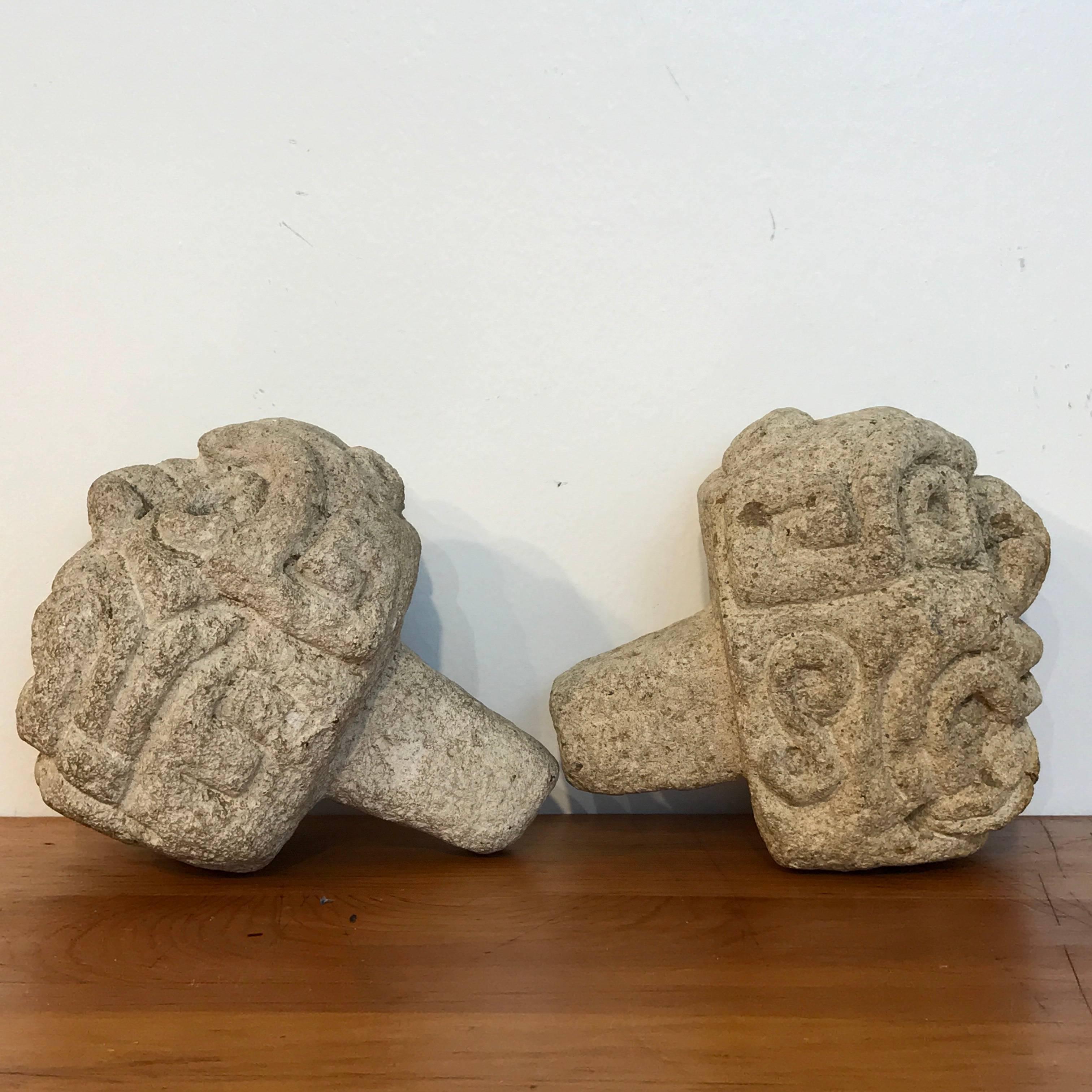 Hand-Carved Two Carved Mayan Deity Limestone Architectural Carvings or Elements For Sale