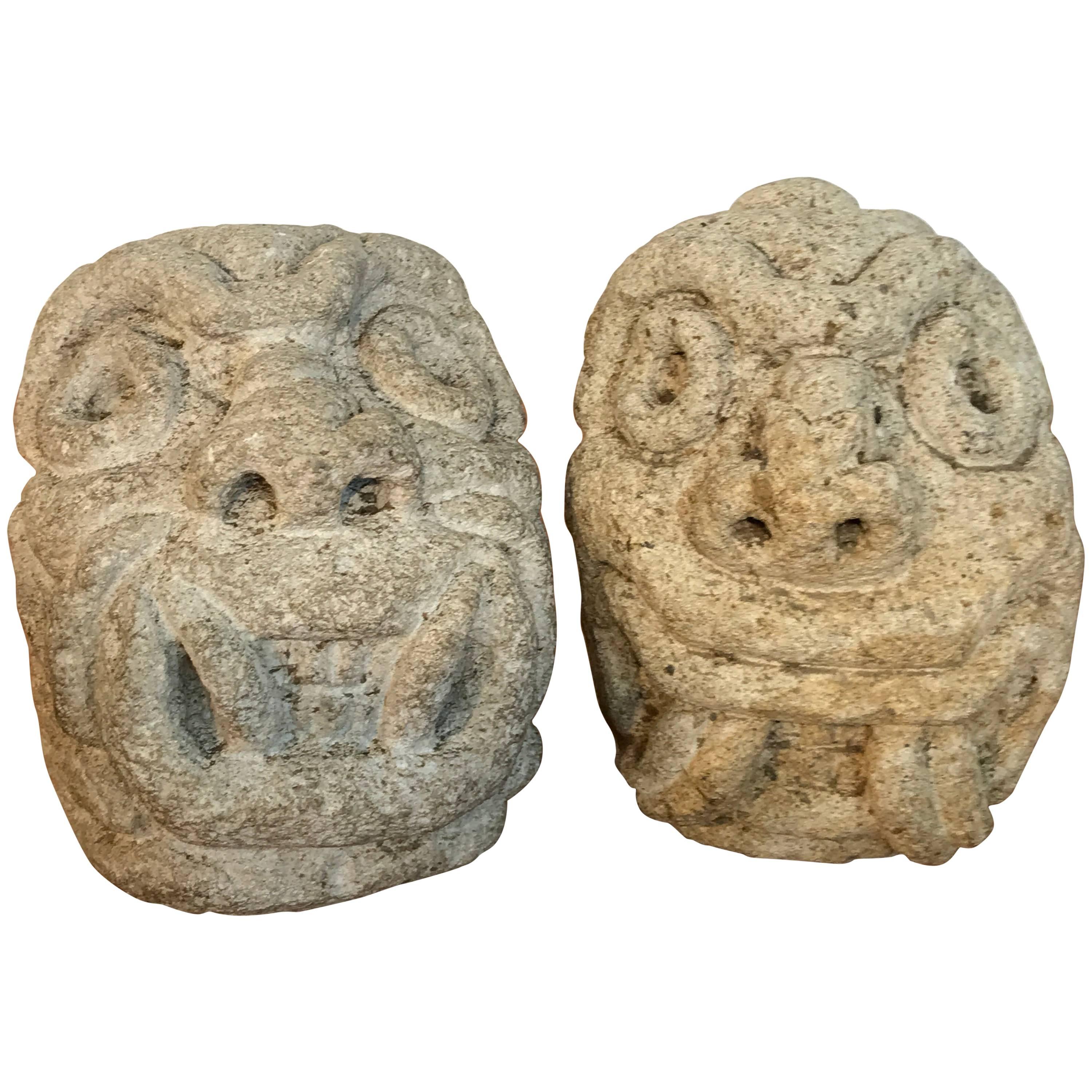 Two Carved Mayan Deity Limestone Architectural Carvings or Elements