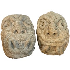 Antique Two Carved Mayan Deity Limestone Architectural Carvings or Elements