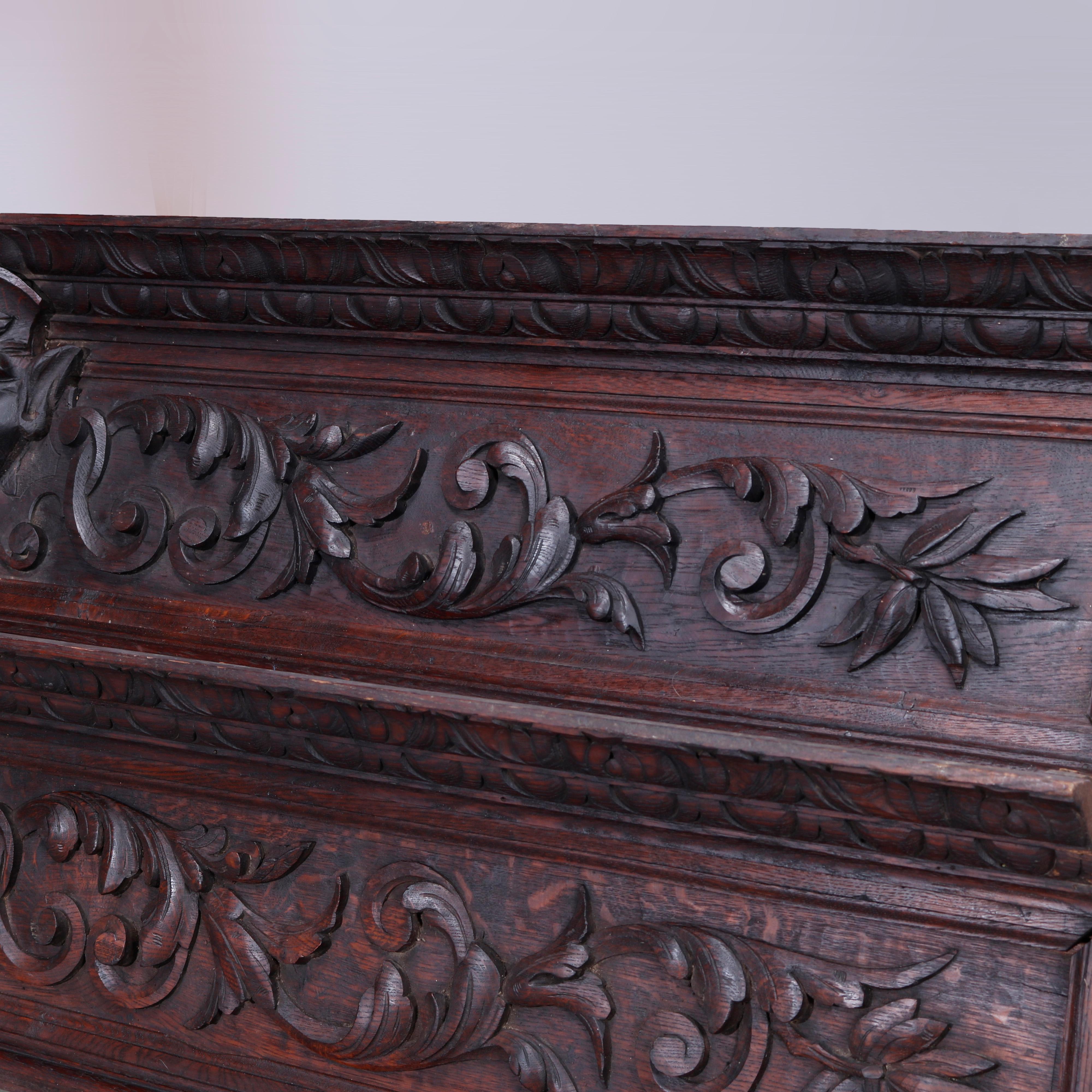 Two Carved Oak Classical Architectural Mantle Mounts, Figural Satyr Heads, c1890 4