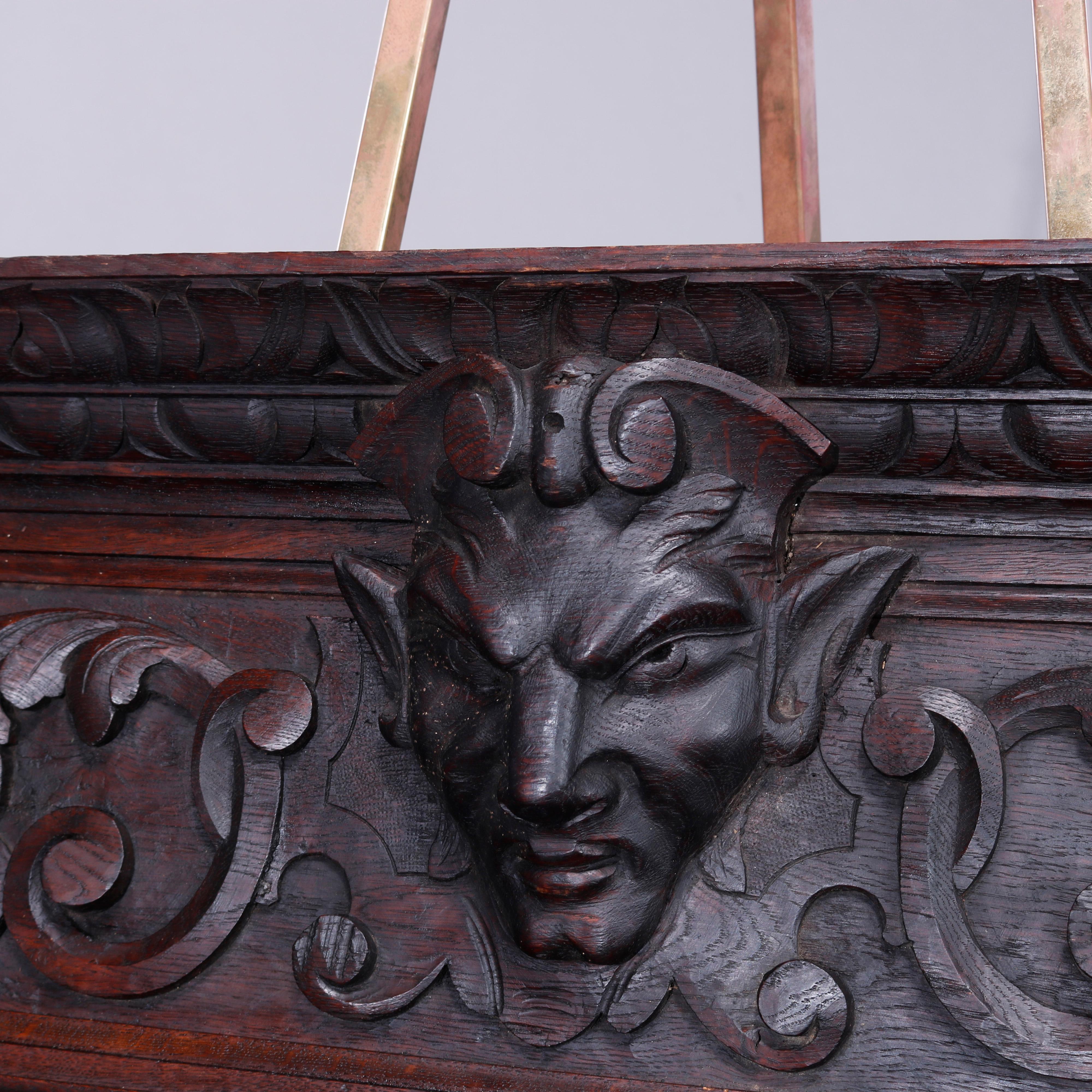 European Two Carved Oak Classical Architectural Mantle Mounts, Figural Satyr Heads, c1890