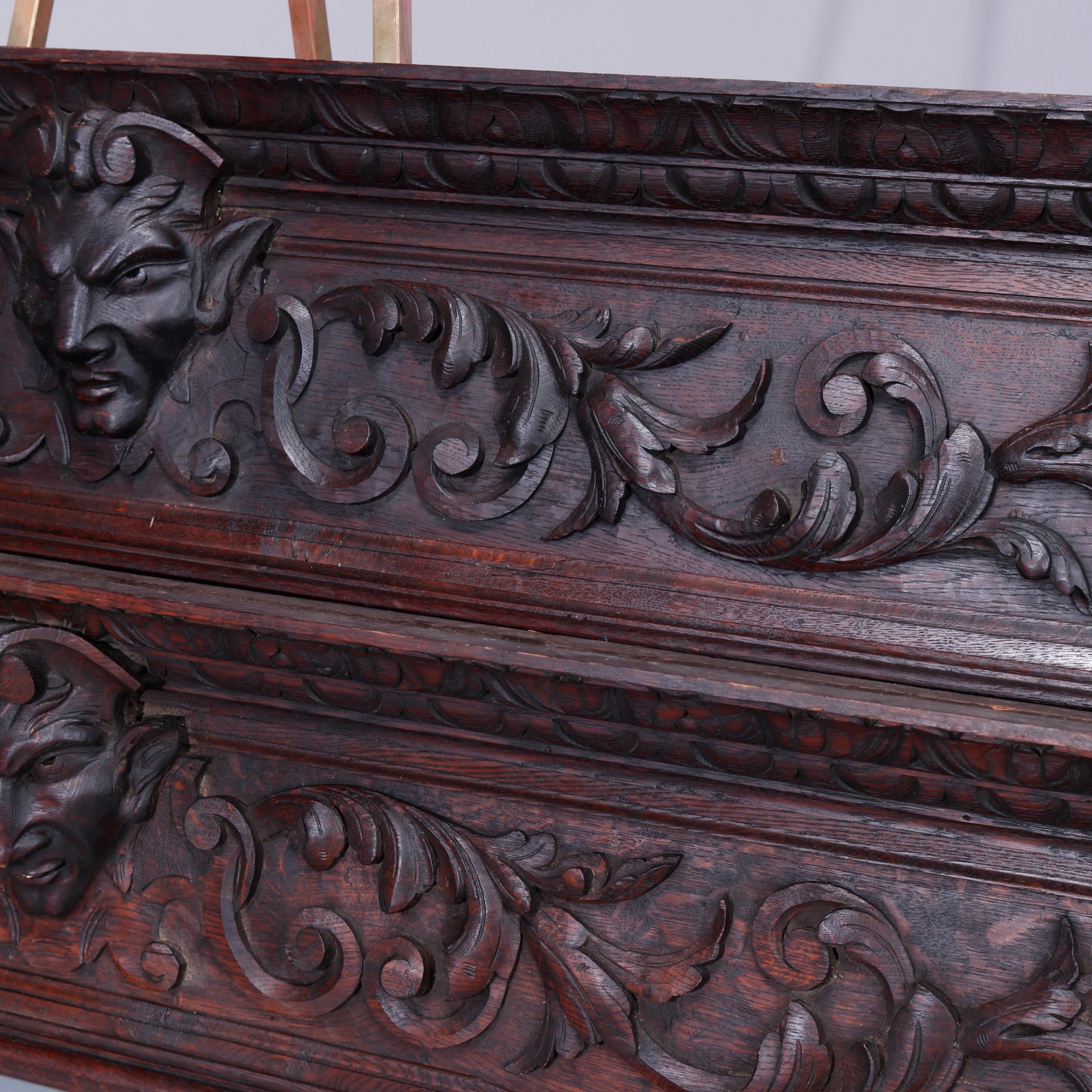 19th Century Two Carved Oak Classical Architectural Mantle Mounts, Figural Satyr Heads, c1890