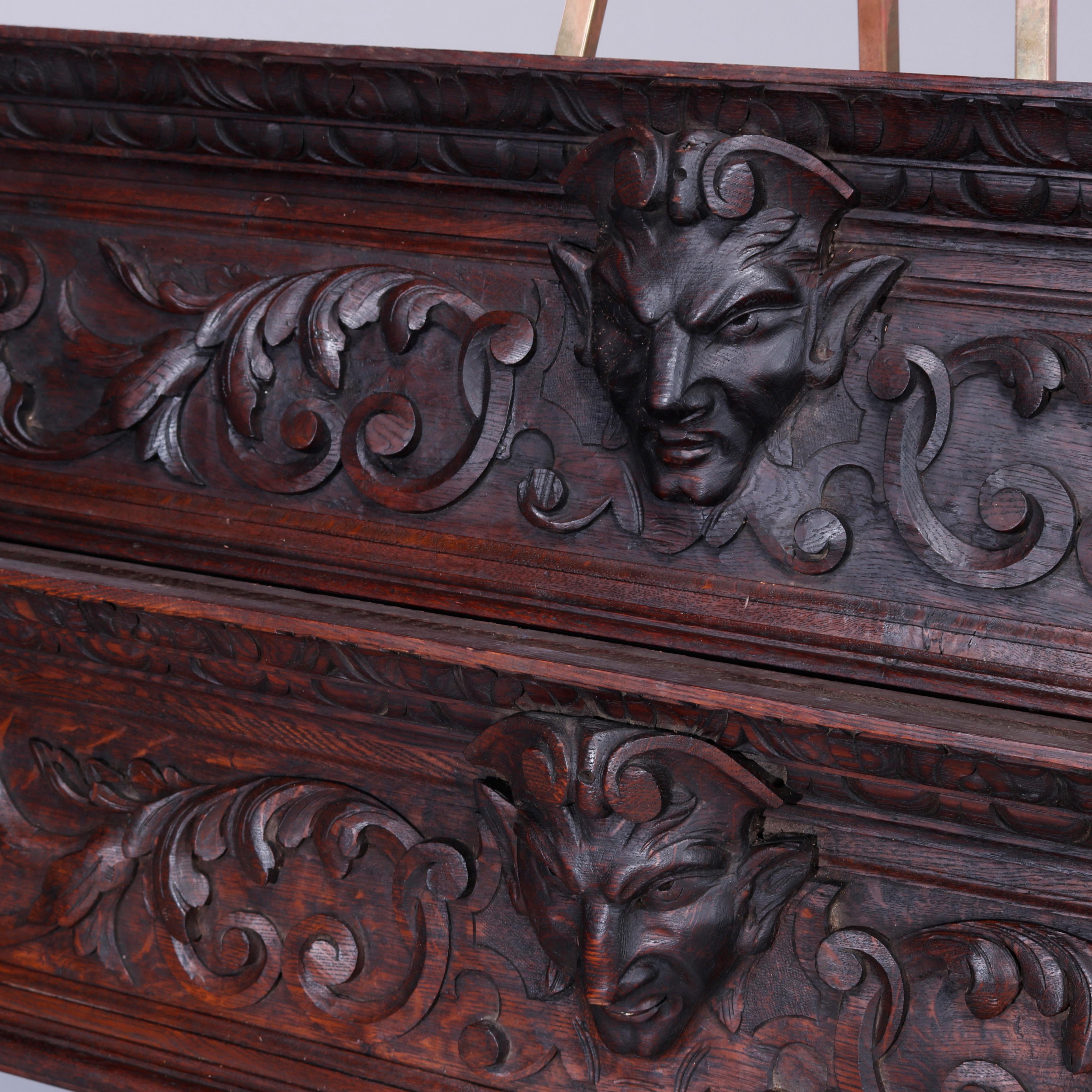 Two Carved Oak Classical Architectural Mantle Mounts, Figural Satyr Heads, c1890 1