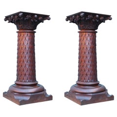 Antique Two Carved Oak Column Pedestals