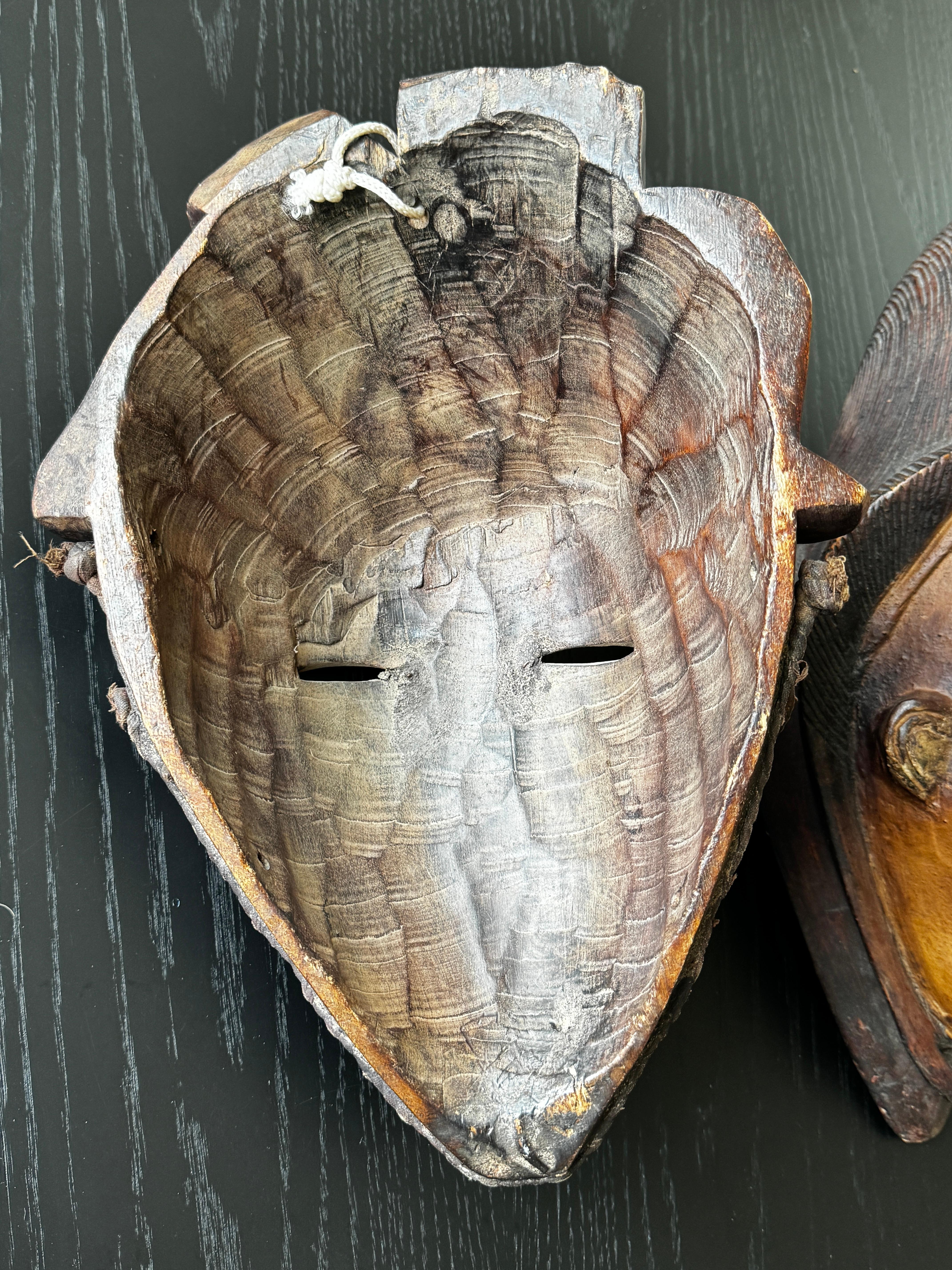 Two Carved Wood African Mask With Gilded Eyelids and Lips and Brass Decorations For Sale 5