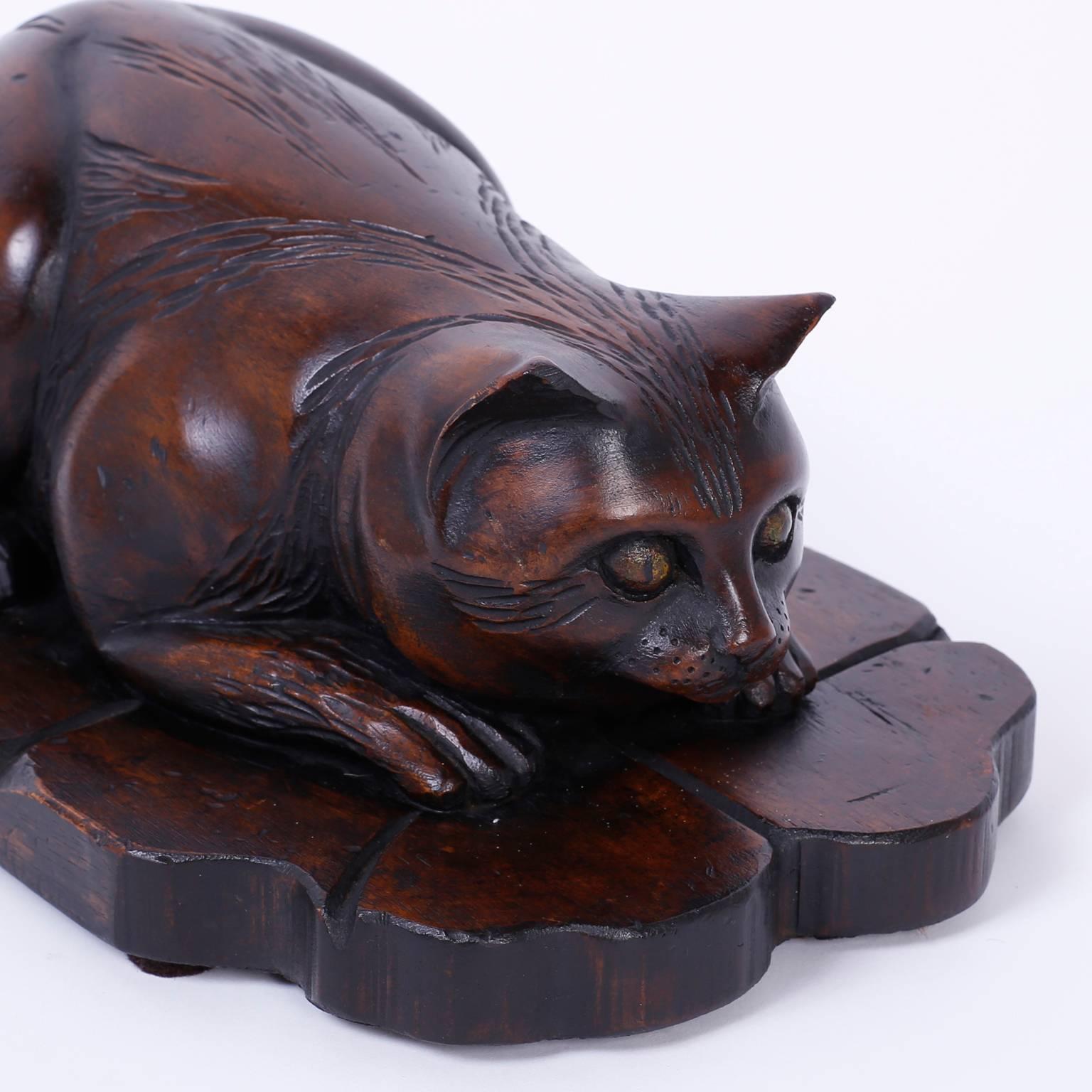 English Two Carved Wood Cat Sculptures