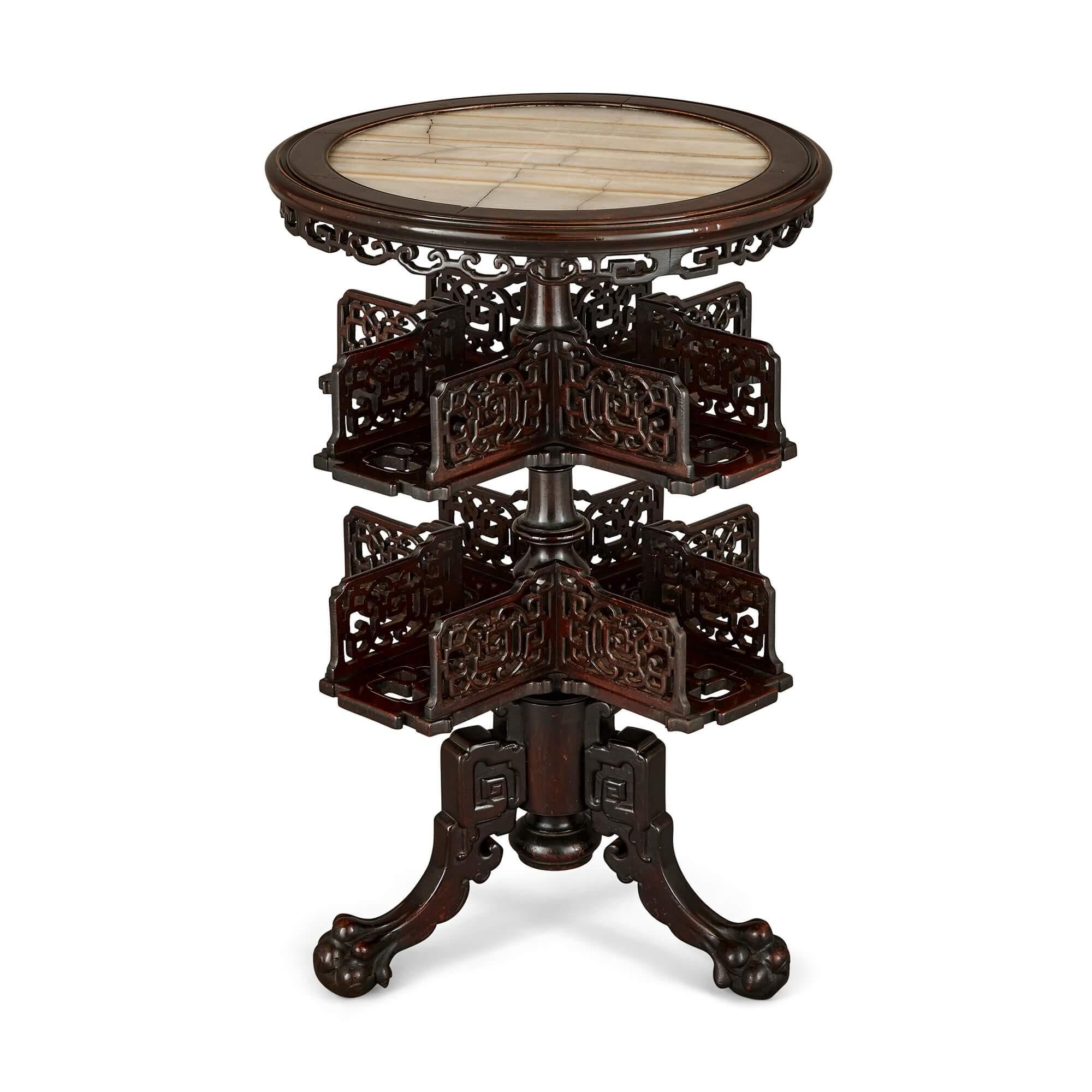 Chinese Export Two Carved Wood, Marble and Onyx Chinese Tables For Sale