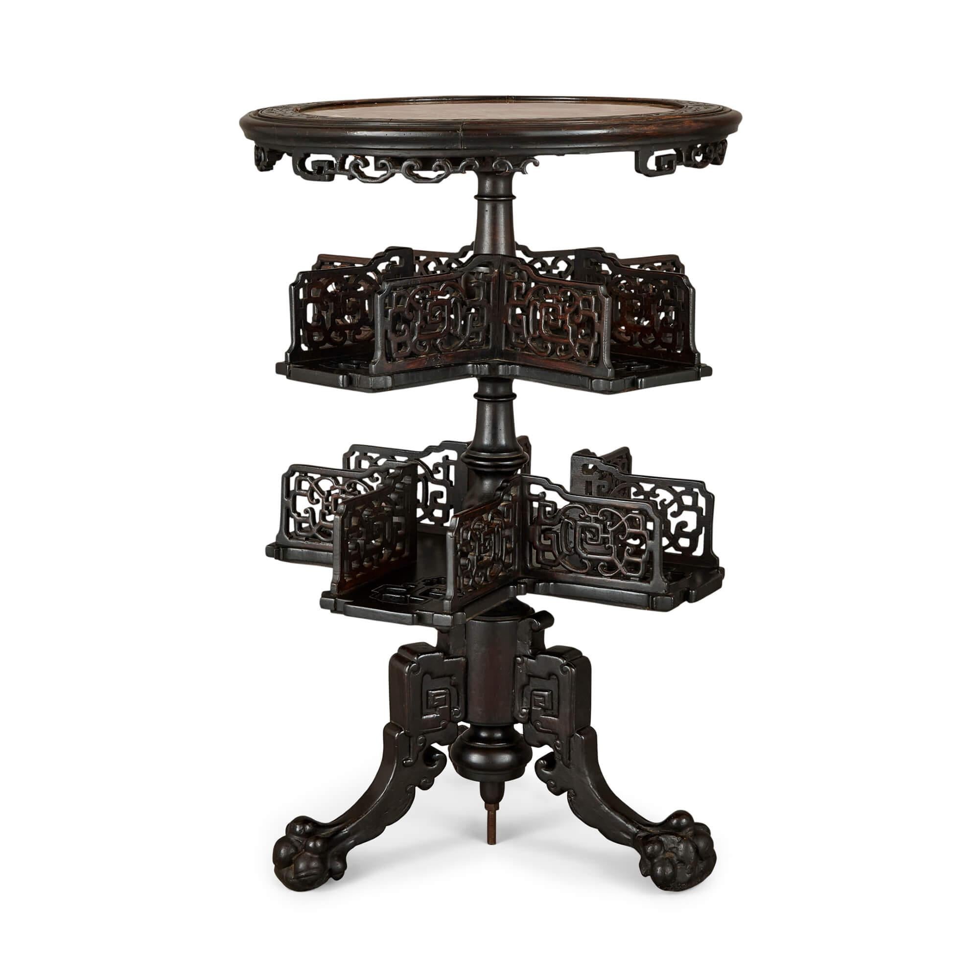 Two Carved Wood, Marble and Onyx Chinese Tables For Sale 4