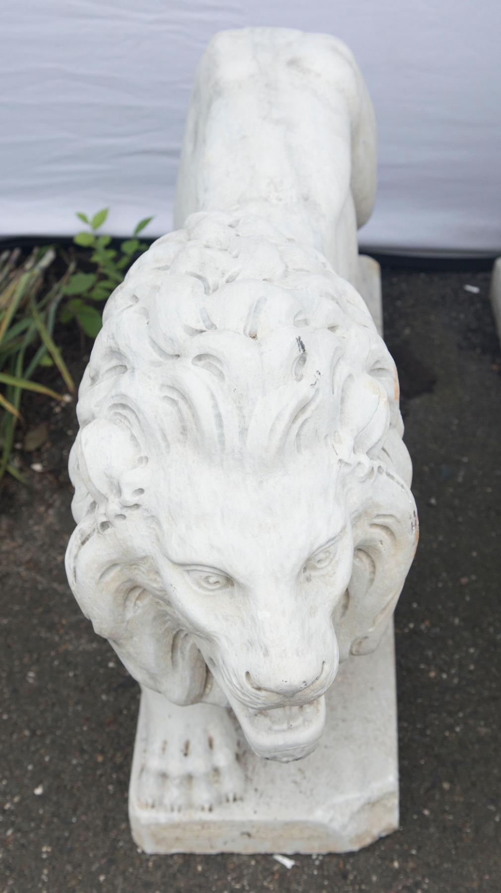Two Cast Cement or Concrete Walking Lions In Fair Condition For Sale In Woodbury, CT