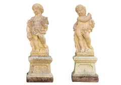 Two Cast Stone Cherubs On Plinths From The Bronx Botanical Gardens