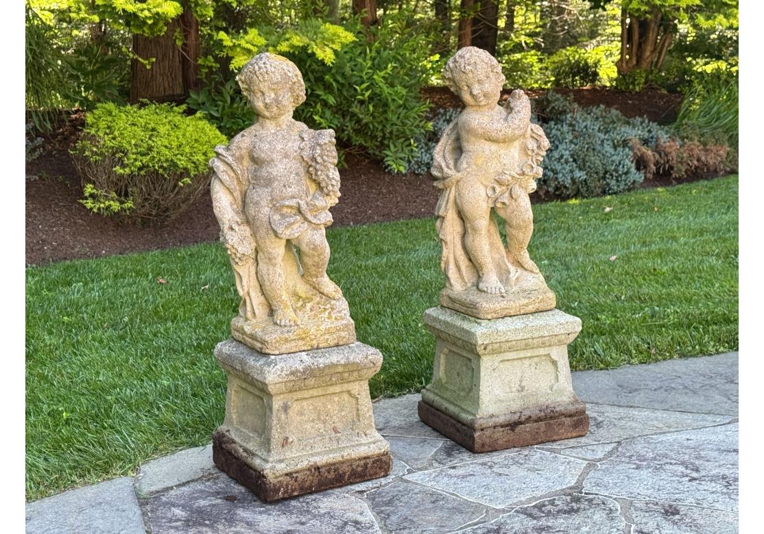 XX secolo Due cherubini in pietra fusa su plinti dai giardini botanici del Bronx in vendita