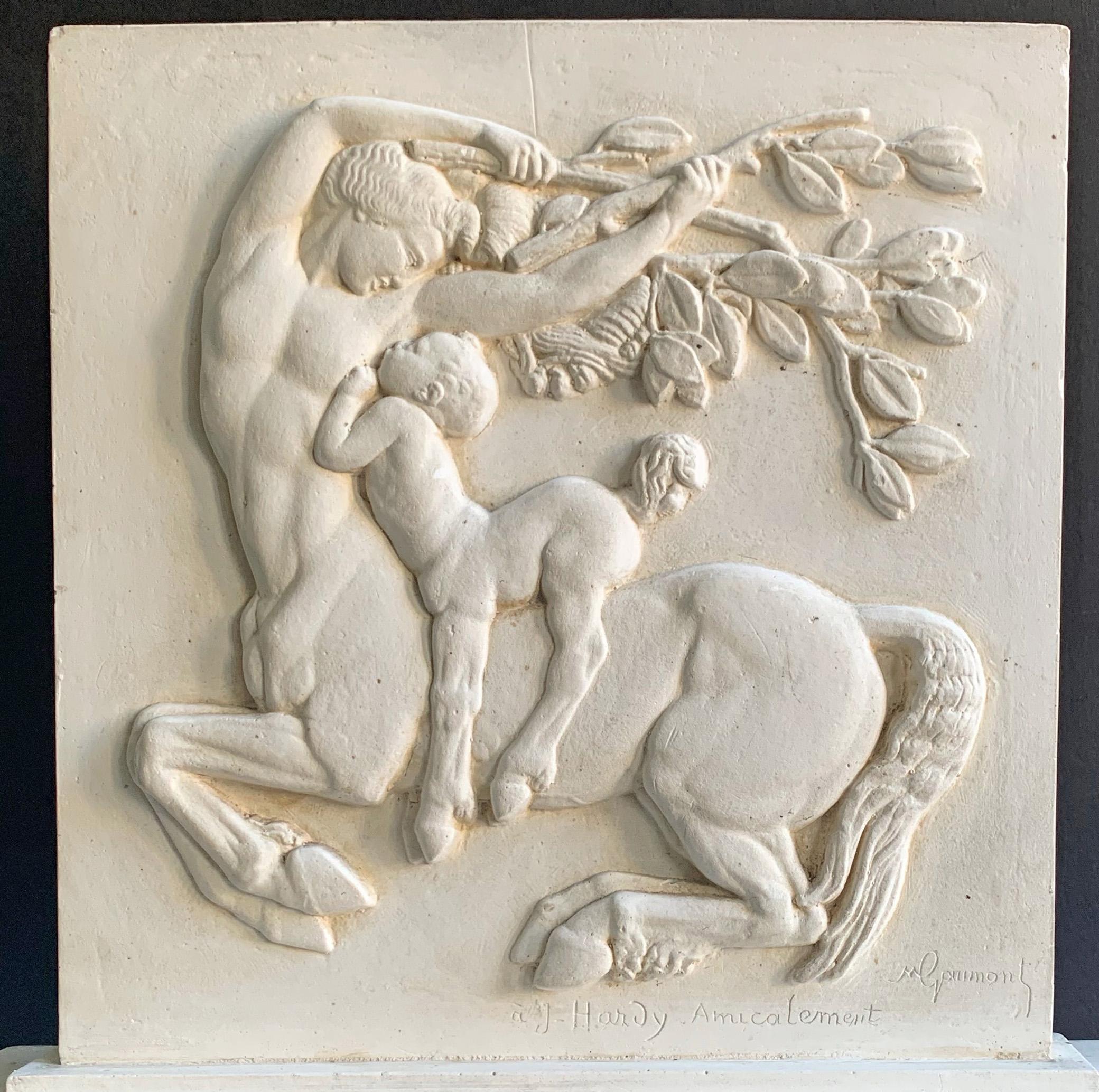 A classic and important example of stylized Art Deco figural sculpture, this bas relief of two centaurs -- a father centaur being embraced by a baby centaur -- is the original plaster maquette by Marcel Armand Gaumont for a sculpture adorning the