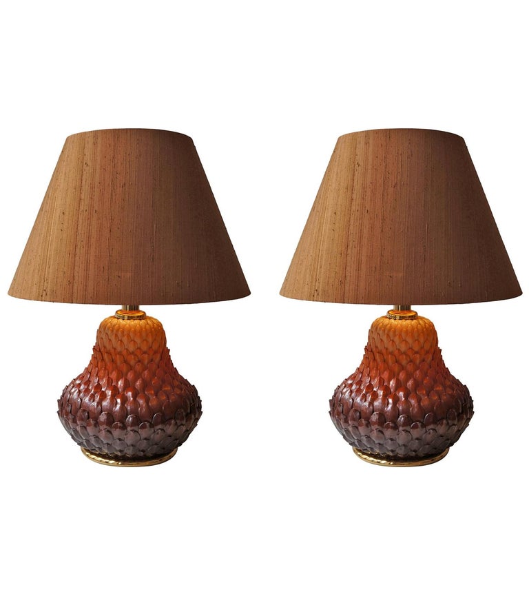 One of Two Ceramic and Brass Artichoke Table Lamps For Sale
