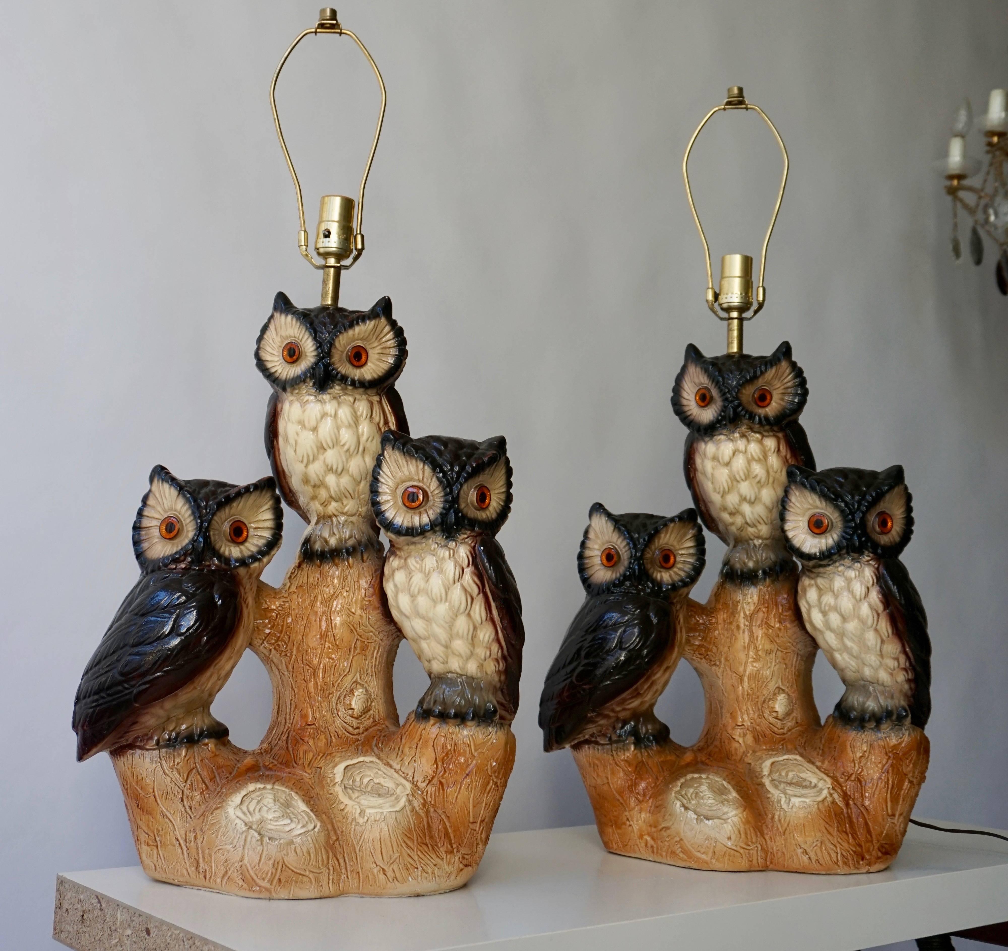 Deux lampes de table hibou en plâtre en vente 2