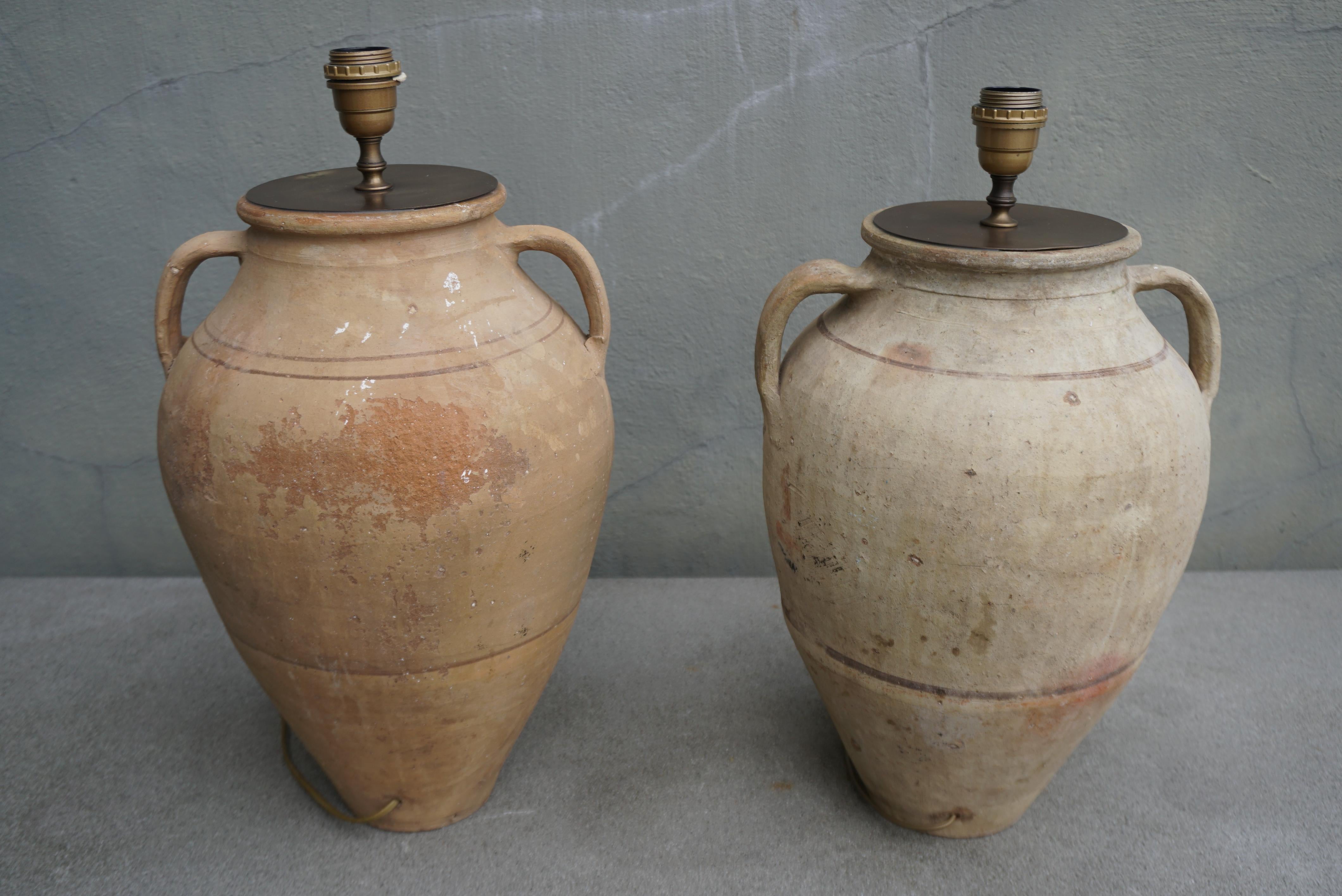 Two Rustic Creme Ceramic Urn Amphora Lamps For Sale 2