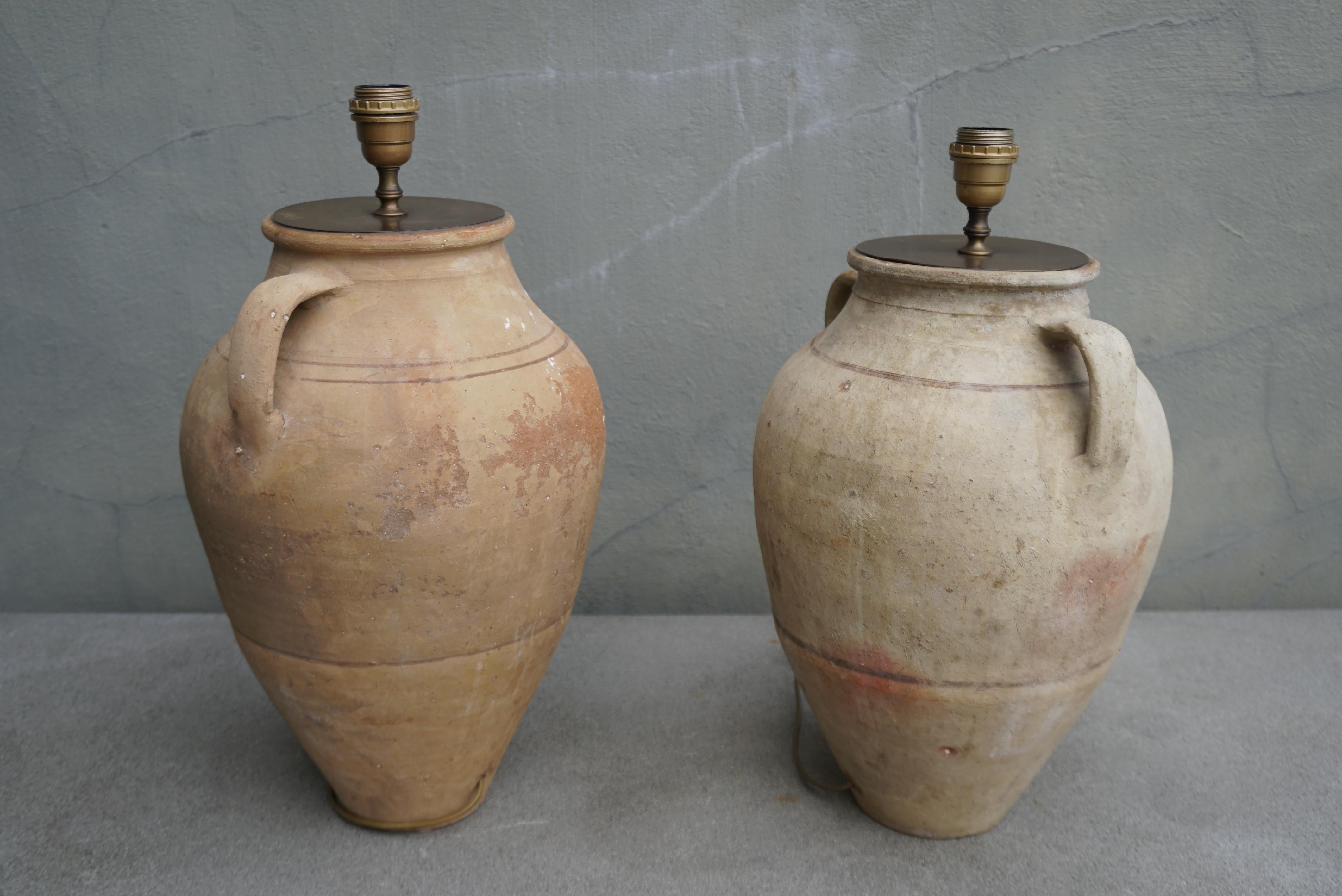 Two Rustic Creme Ceramic Urn Amphora Lamps For Sale 1