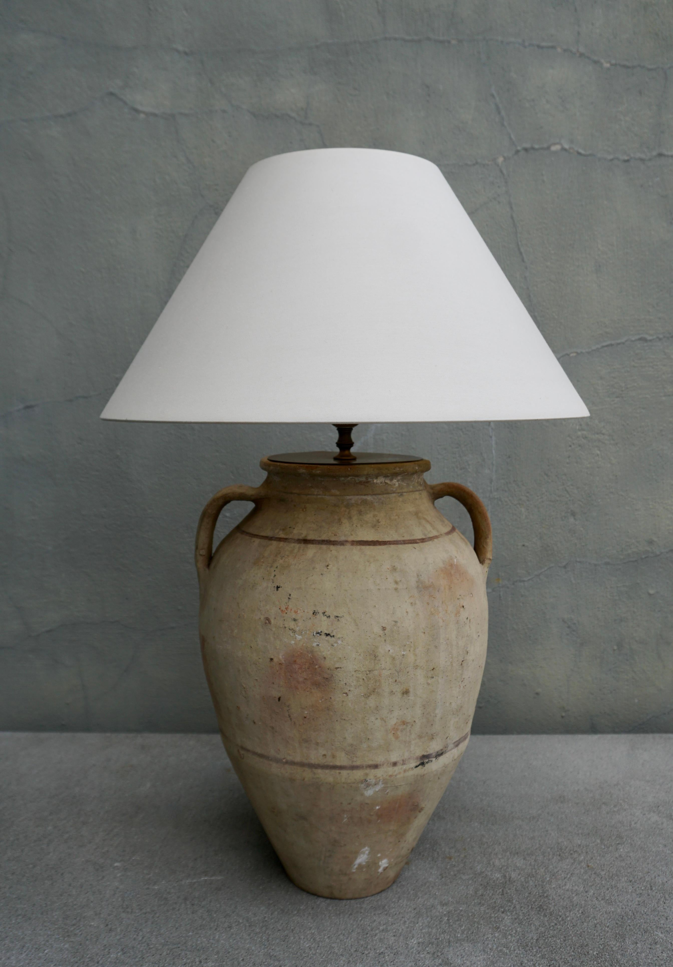 Modern Two Rustic Creme Ceramic Urn Amphora Lamps For Sale