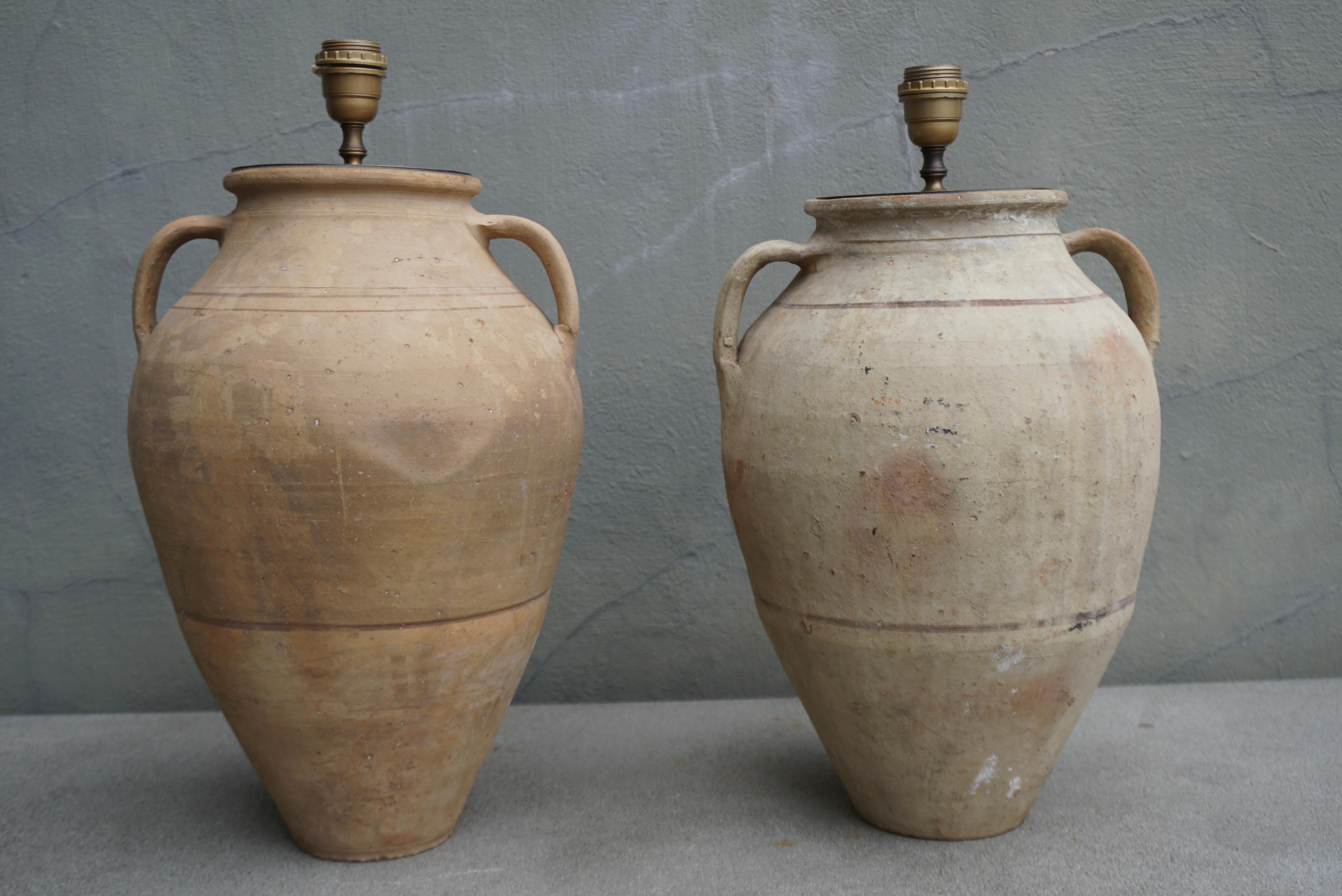 Belgian Two Rustic Creme Ceramic Urn Amphora Lamps For Sale