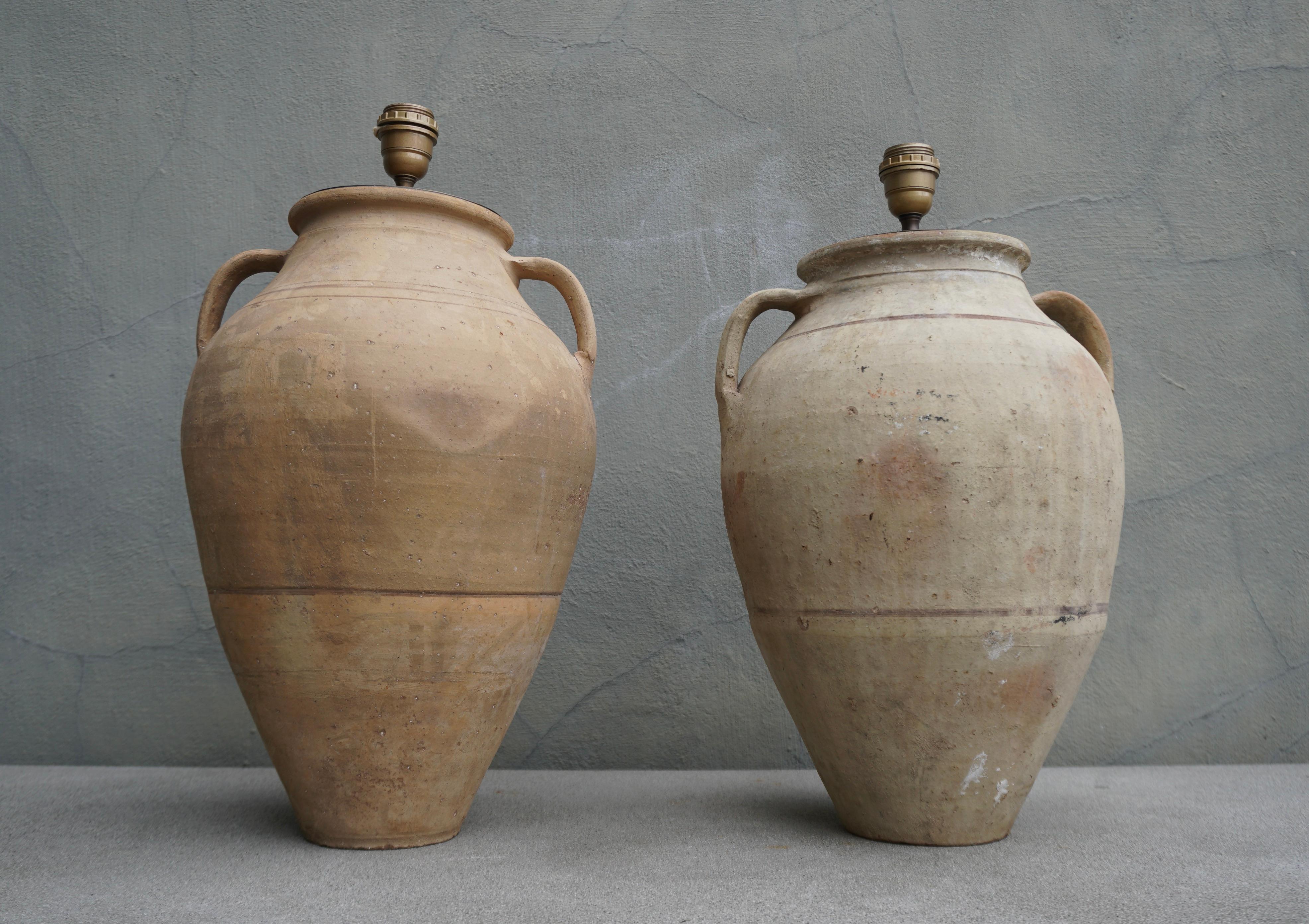 Painted Two Rustic Creme Ceramic Urn Amphora Lamps For Sale
