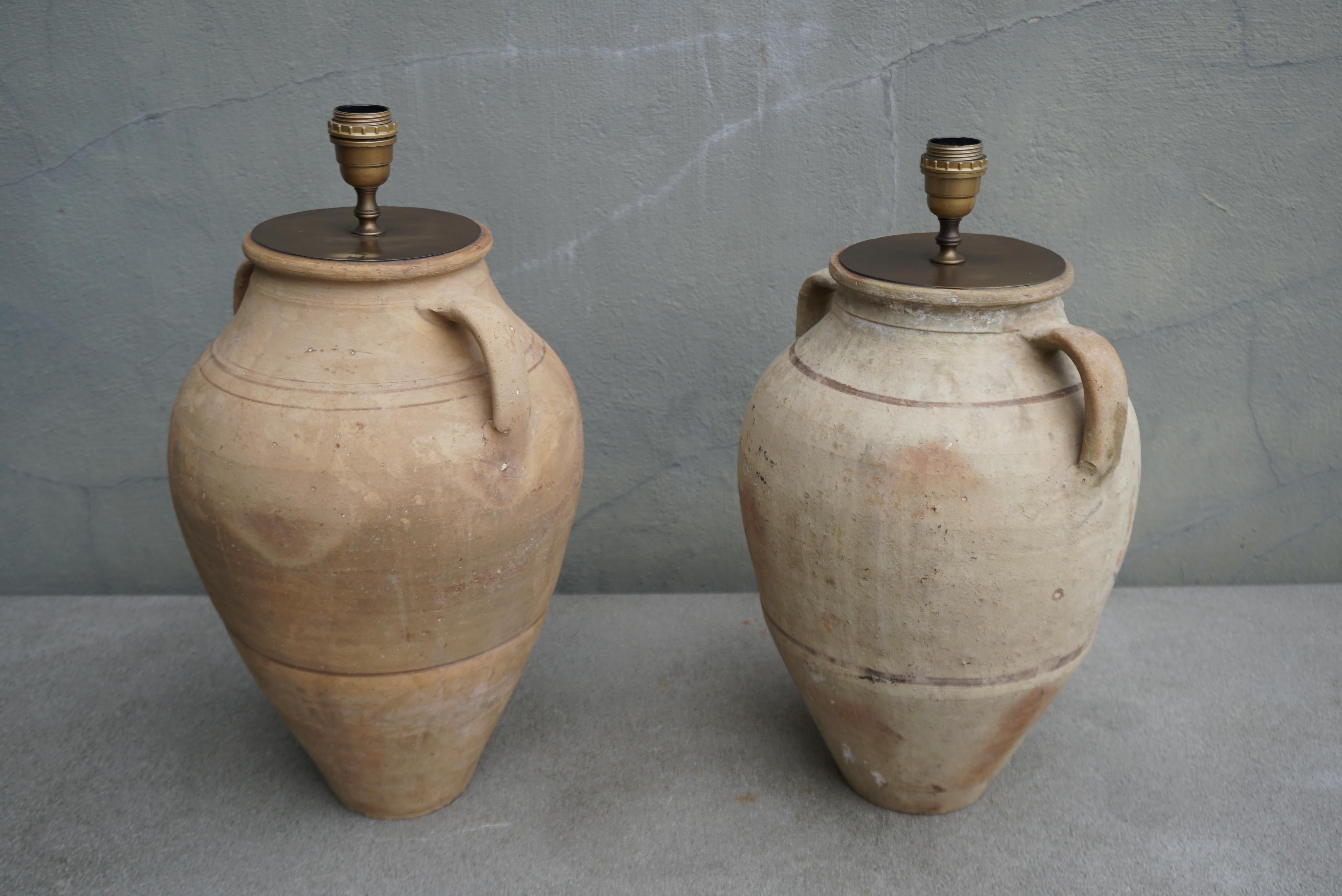 20th Century Two Rustic Creme Ceramic Urn Amphora Lamps For Sale