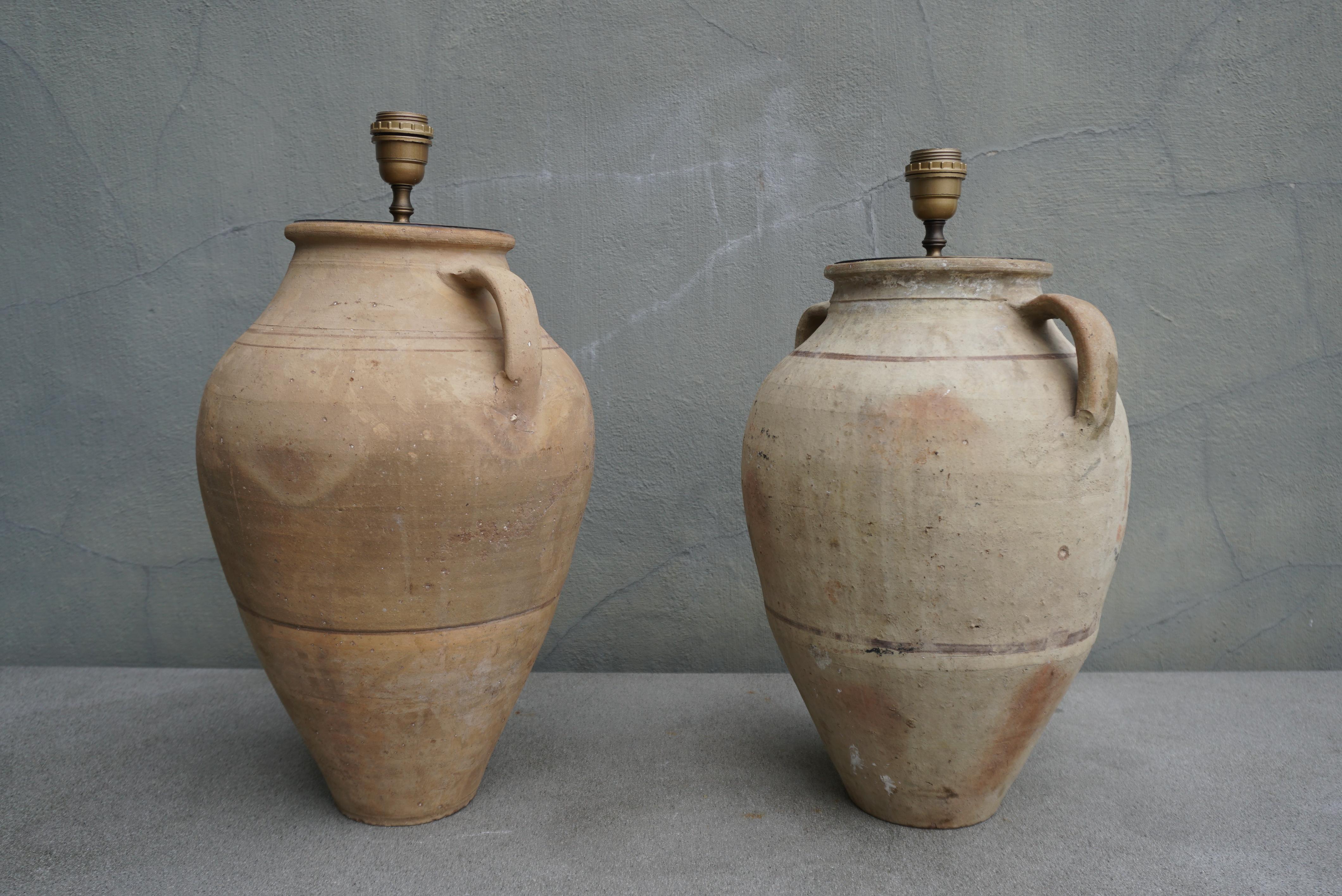 Brass Two Rustic Creme Ceramic Urn Amphora Lamps For Sale