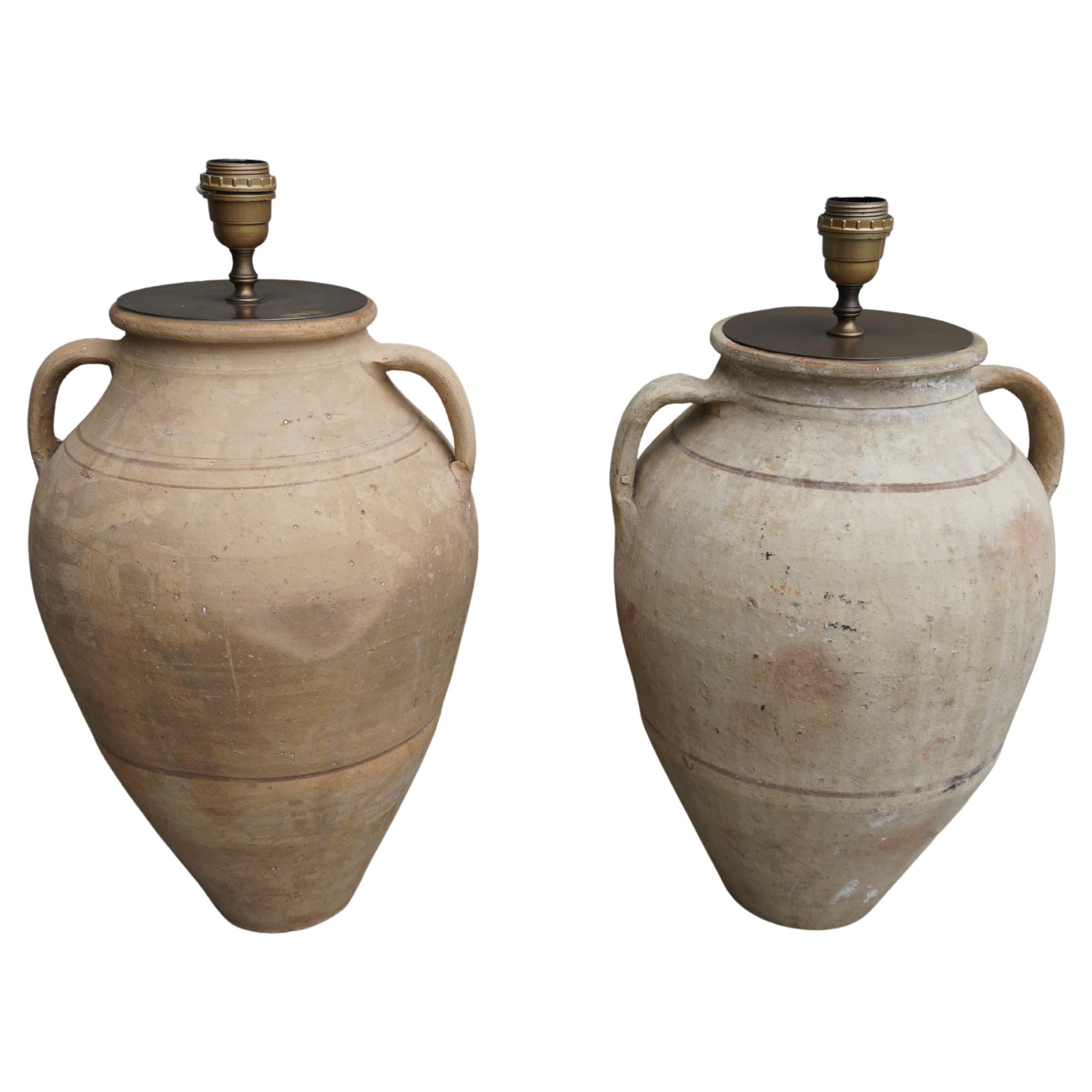 Two Rustic Creme Ceramic Urn Amphora Lamps For Sale