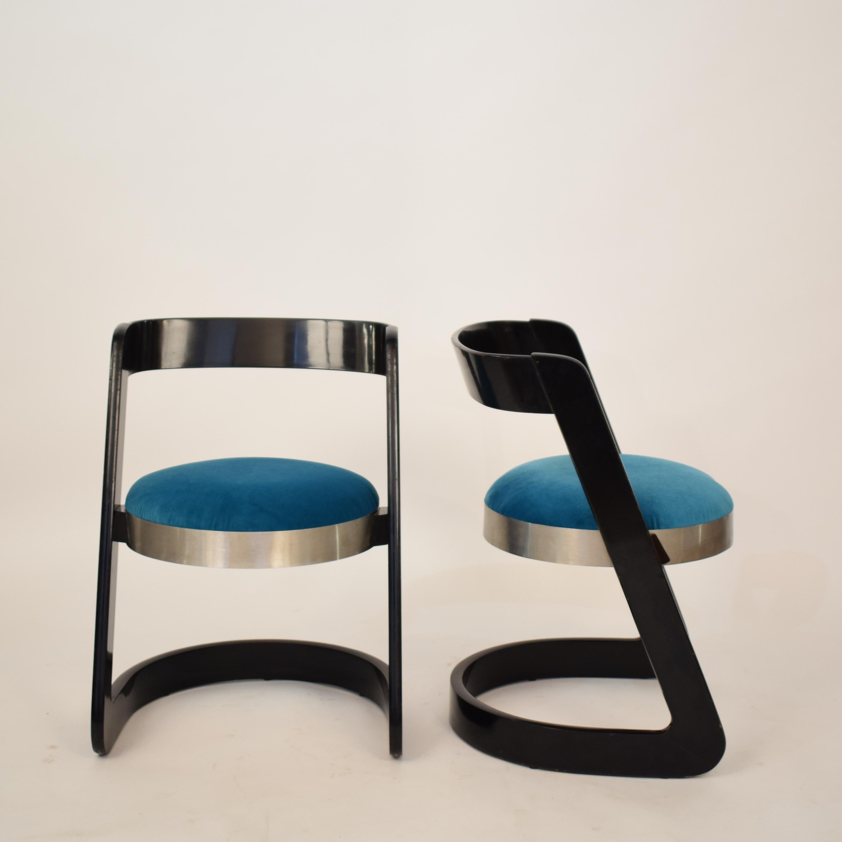 Two Chairs by Willy Rizzo Black Lacquered Wood and Velvet Seat for Mario Sabot 7