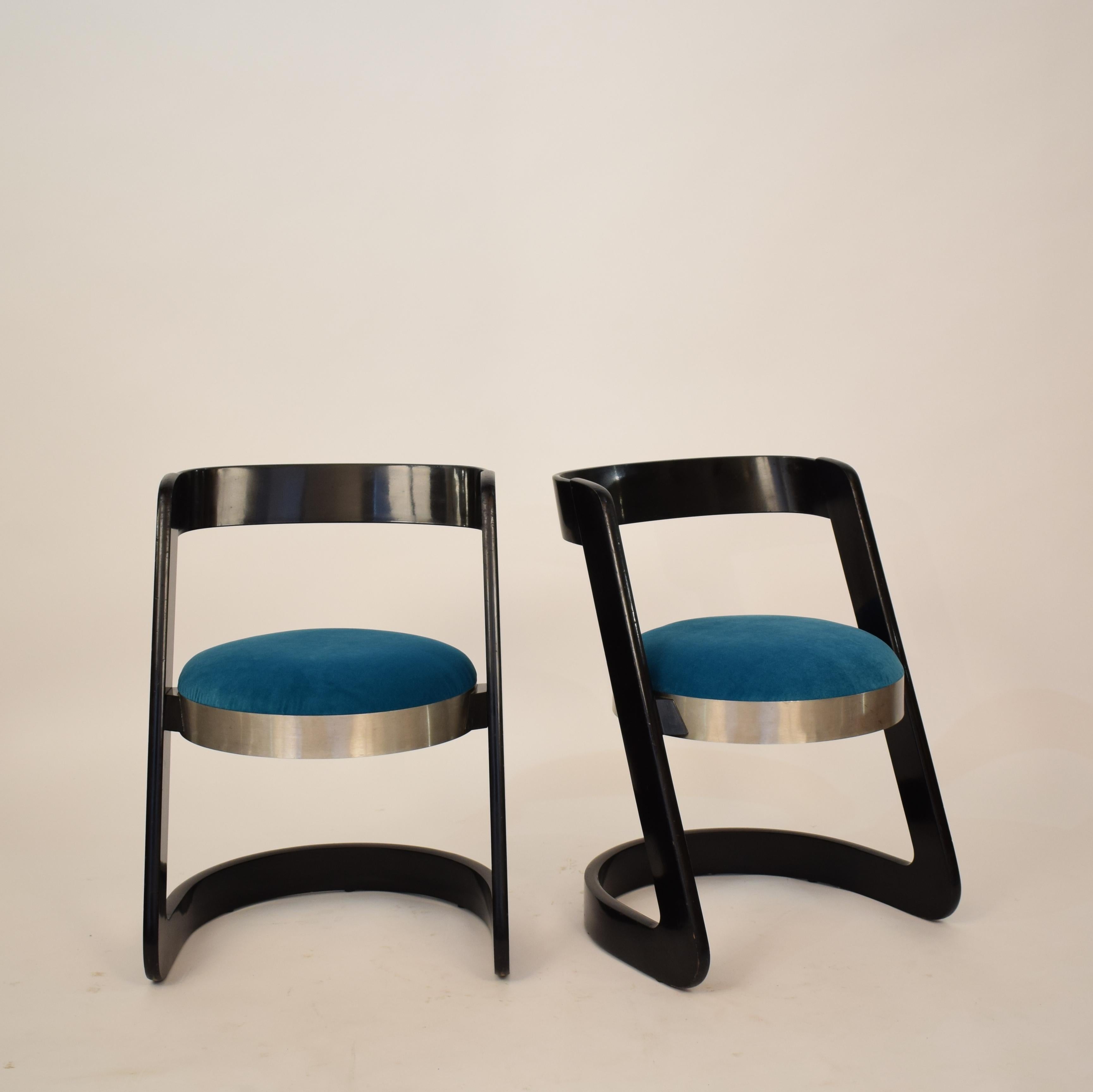 Two Chairs by Willy Rizzo Black Lacquered Wood and Velvet Seat for Mario Sabot 8
