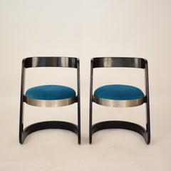 Two Chairs by Willy Rizzo Black Lacquered Wood and Velvet Seat for Mario Sabot