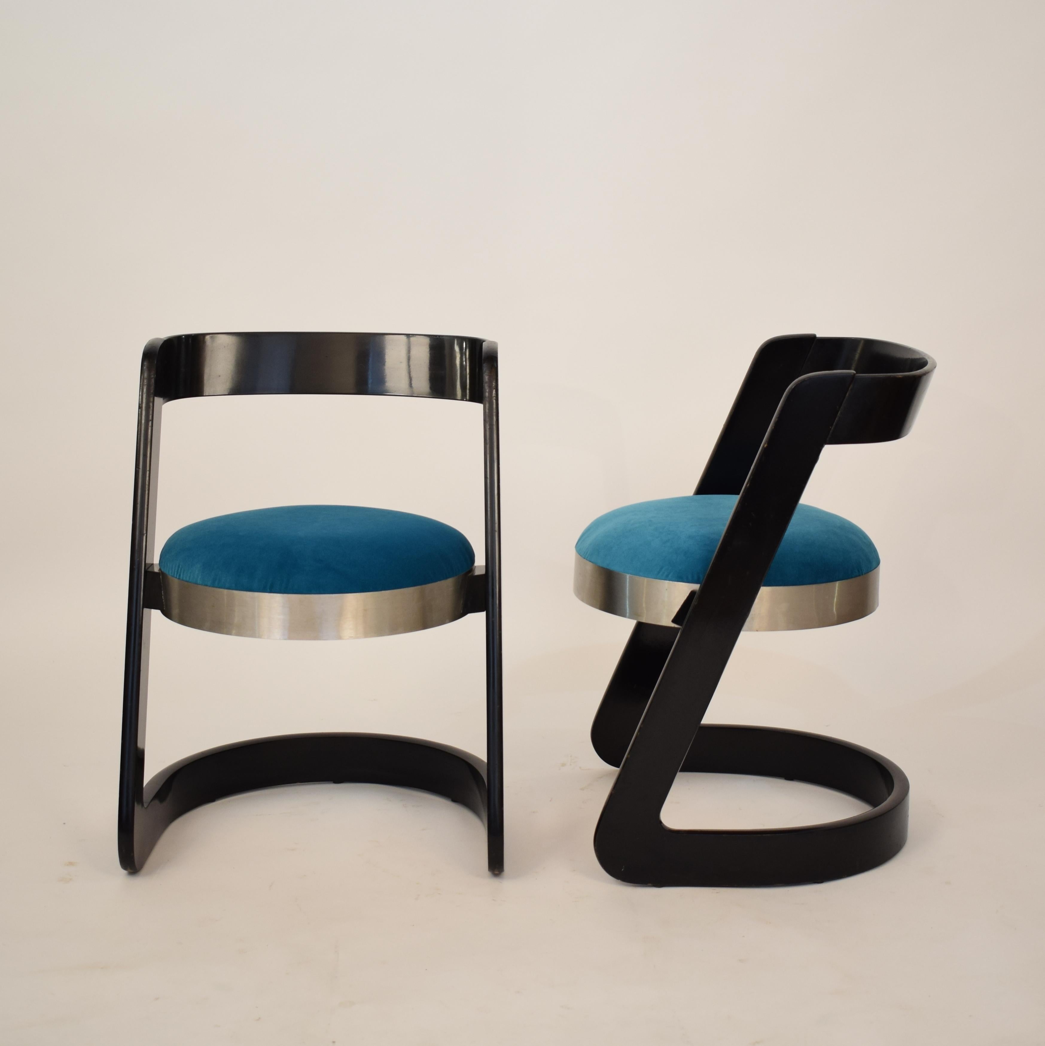 Late 20th Century Two Chairs by Willy Rizzo Black Lacquered Wood and Velvet Seat for Mario Sabot